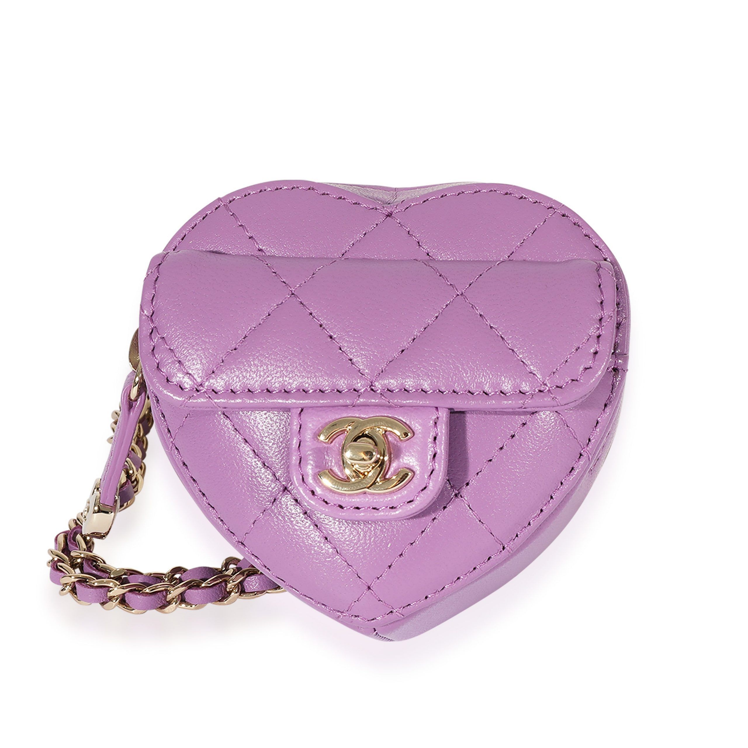 image of Chanel Purple Quilted Lambskin Heart Coin Purse Necklace, Women's