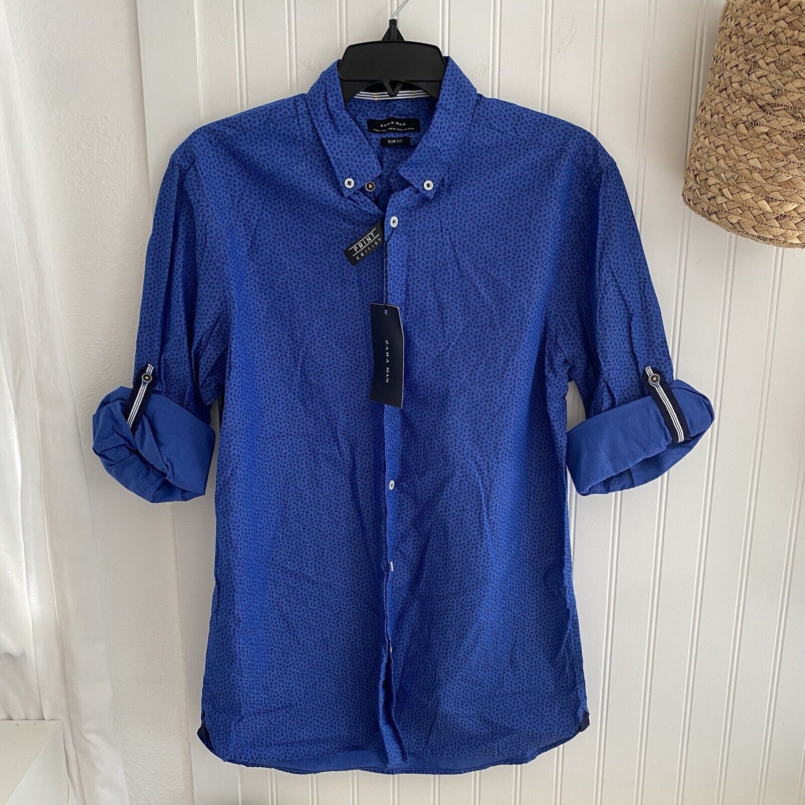Zara Zara Man Blue Floral Print Slim Fit Long Sleeve Shirt Size US M / EU 48-50 / 2 - 1 Thumbnail