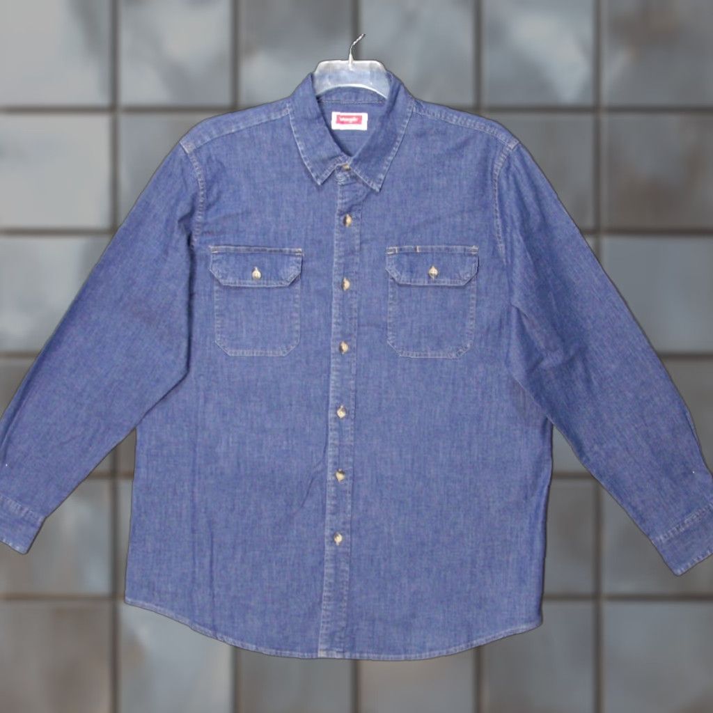 Vintage Wrangler Men's Denim Shirt Adult Large Blue Long Sleeve Western Casual Workwear