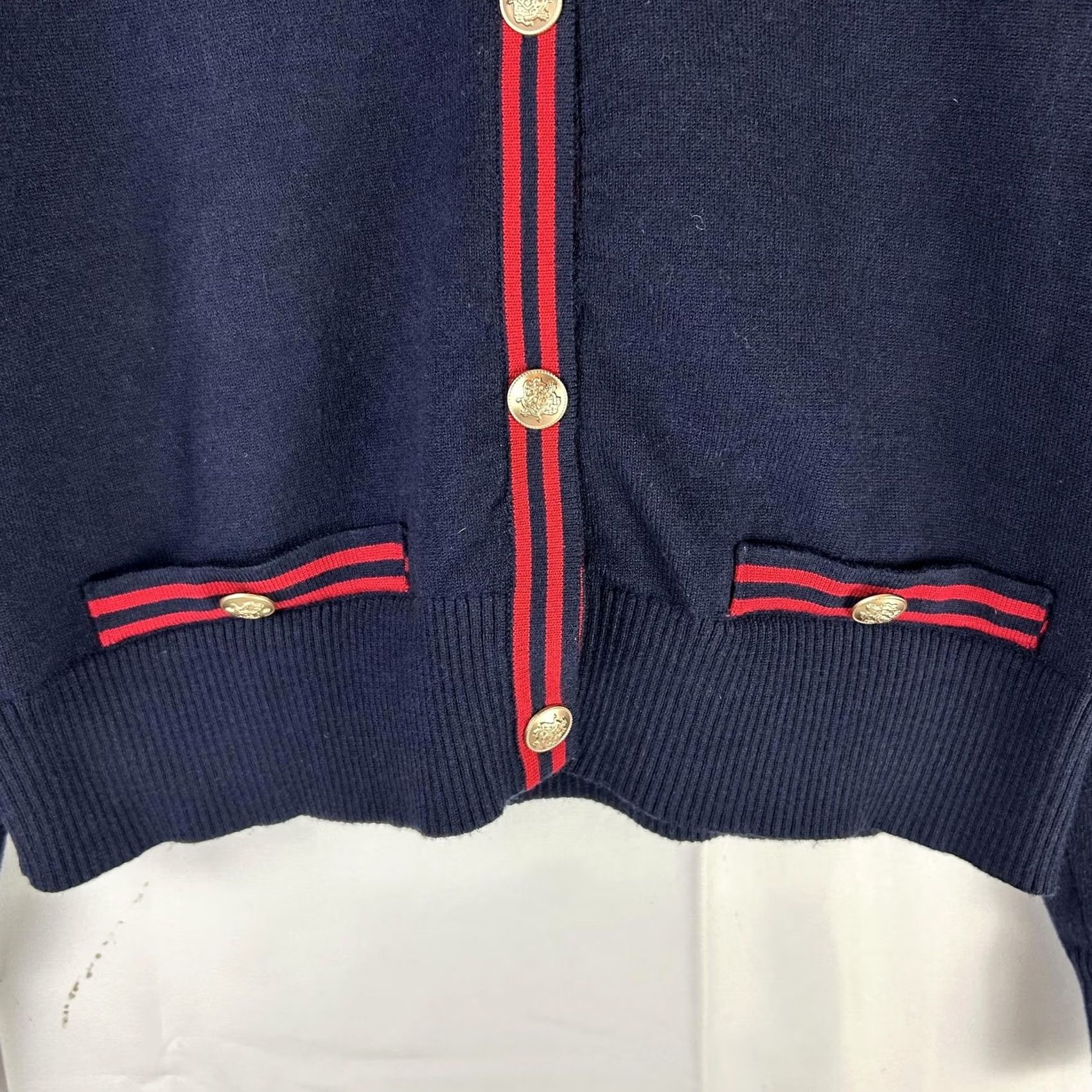 Vintage Emerson Lang Cardigan Sweater Womens XL Navy Crew Neck Stripe Trim Gold Button Size XL / US 12-14 / IT 48-50 - 3 Thumbnail