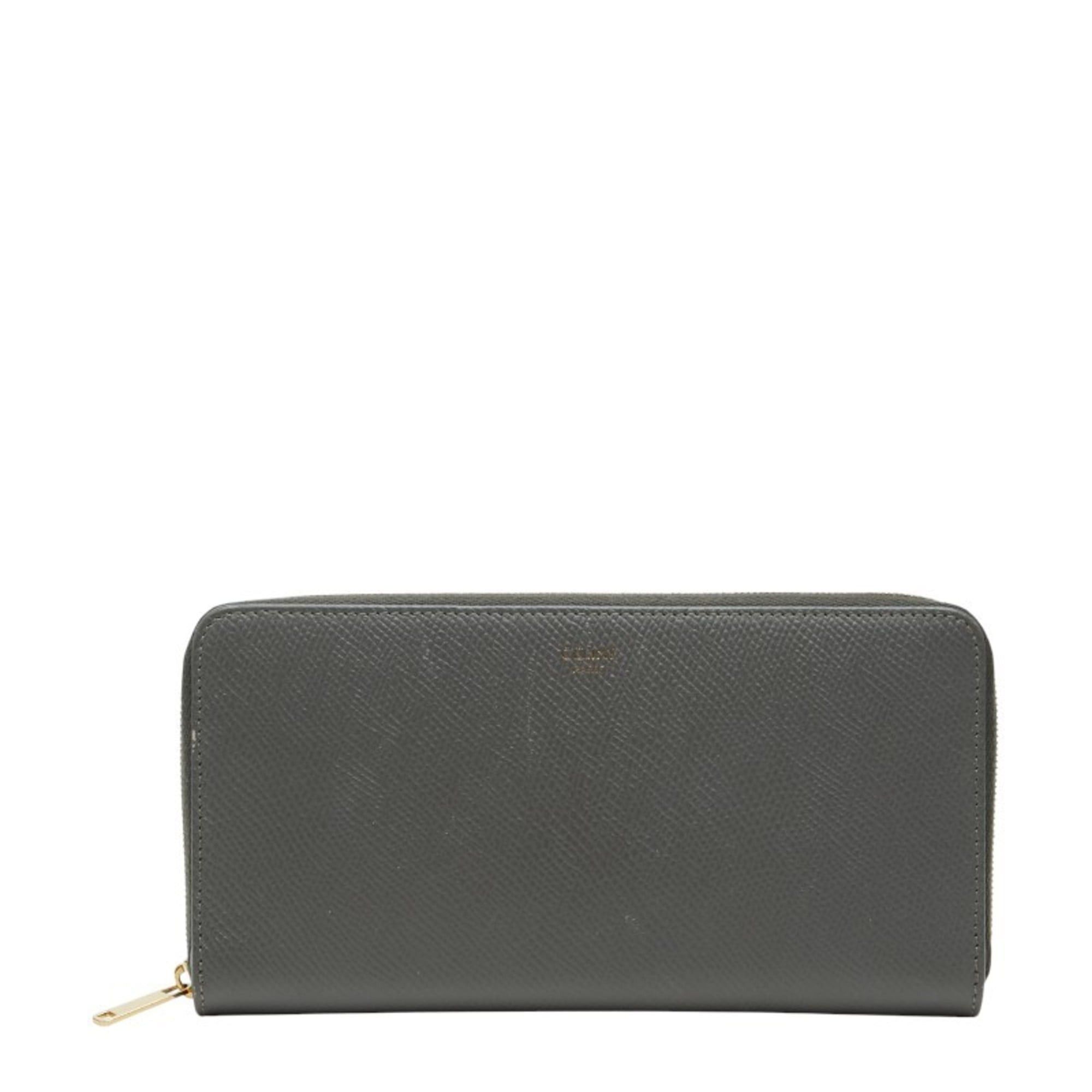 Celine round zipper long wallet in gray leather for women.