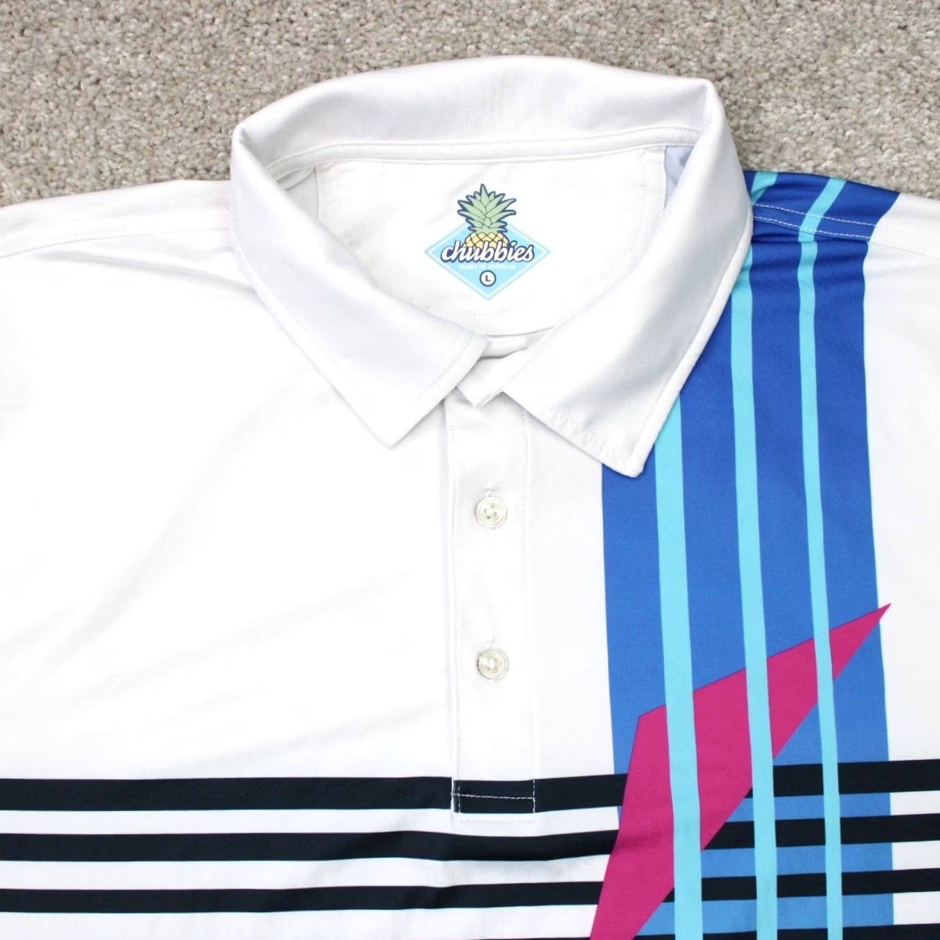 Chubbies Chubbies Polo Shirt Mens Large White/Blue Polyester Bamboo Stretch S/S Pullover Polo Shirt Ladies? Size US L / EU 52-54 / 3 - 5 Thumbnail
