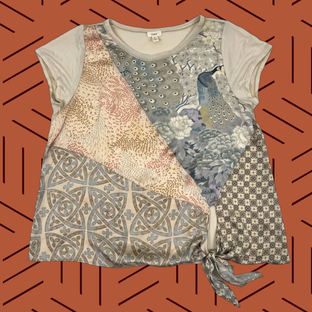 Anthropologie Tiny by Anthropologie Blouse Womens L Boxy Peacock Patchwork Tie Front Boho Top Size L / US 10 / IT 46 - 1 Thumbnail