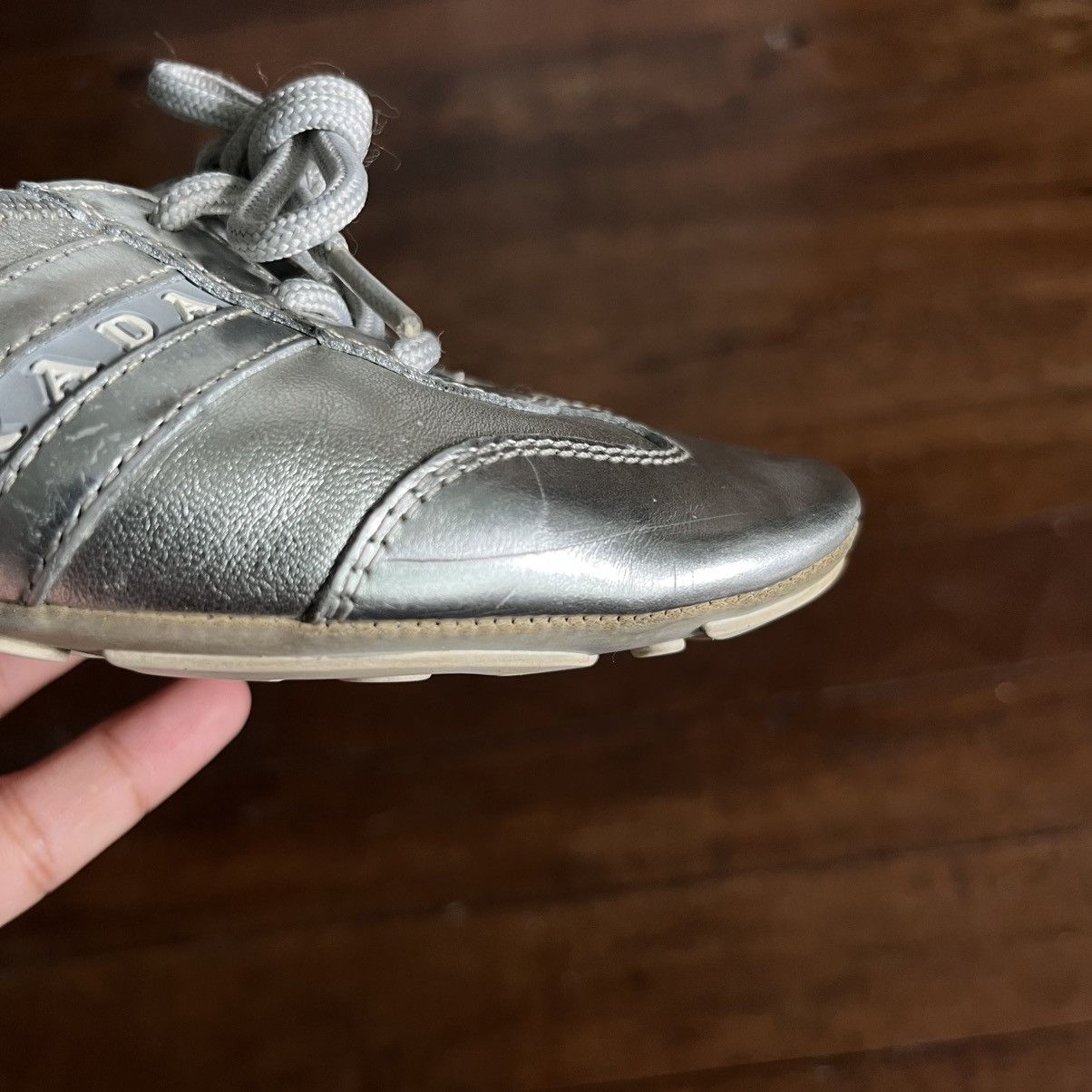 Prada Prada Sport Silver Leather Scrunch Lace Up Ballet Flats Size US 5 / IT 35 - 12 Thumbnail