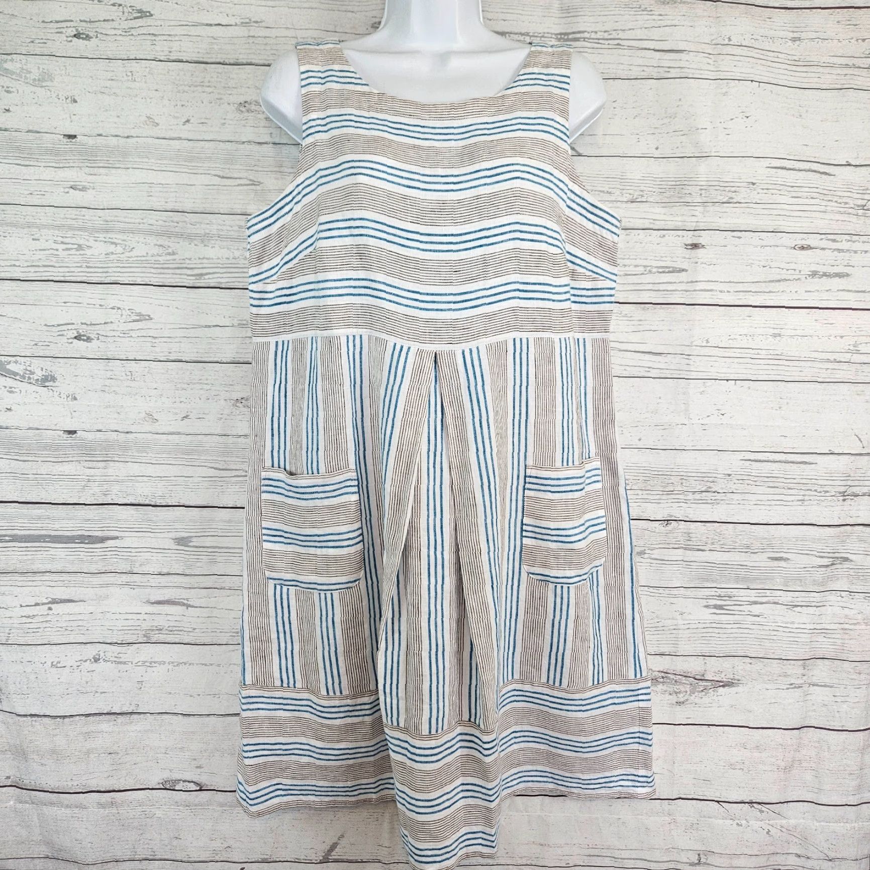 J. Jill J Jill Love Linen Womens Dress Striped Sleeveless Pullover Knee Length A-Line Petite Blue Brown Pockets Size PM Size M / US 6-8 / IT 42-44 - 2 Thumbnail