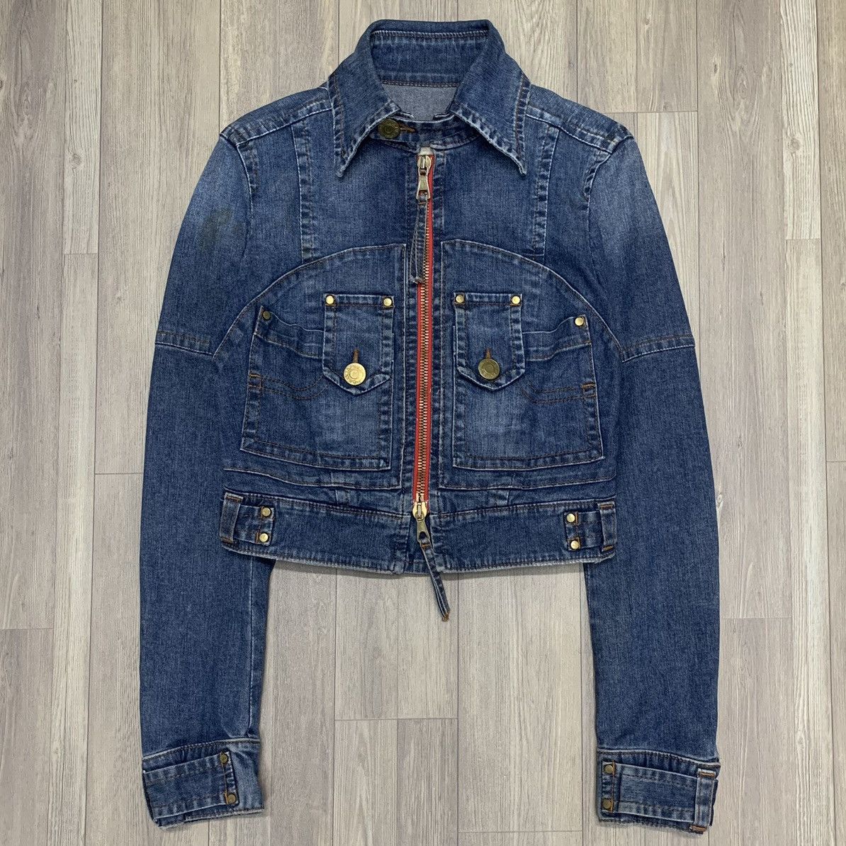 image of Dsquared2 Cropped Biker Denim Jacket in Blue, Women's (Size Medium)