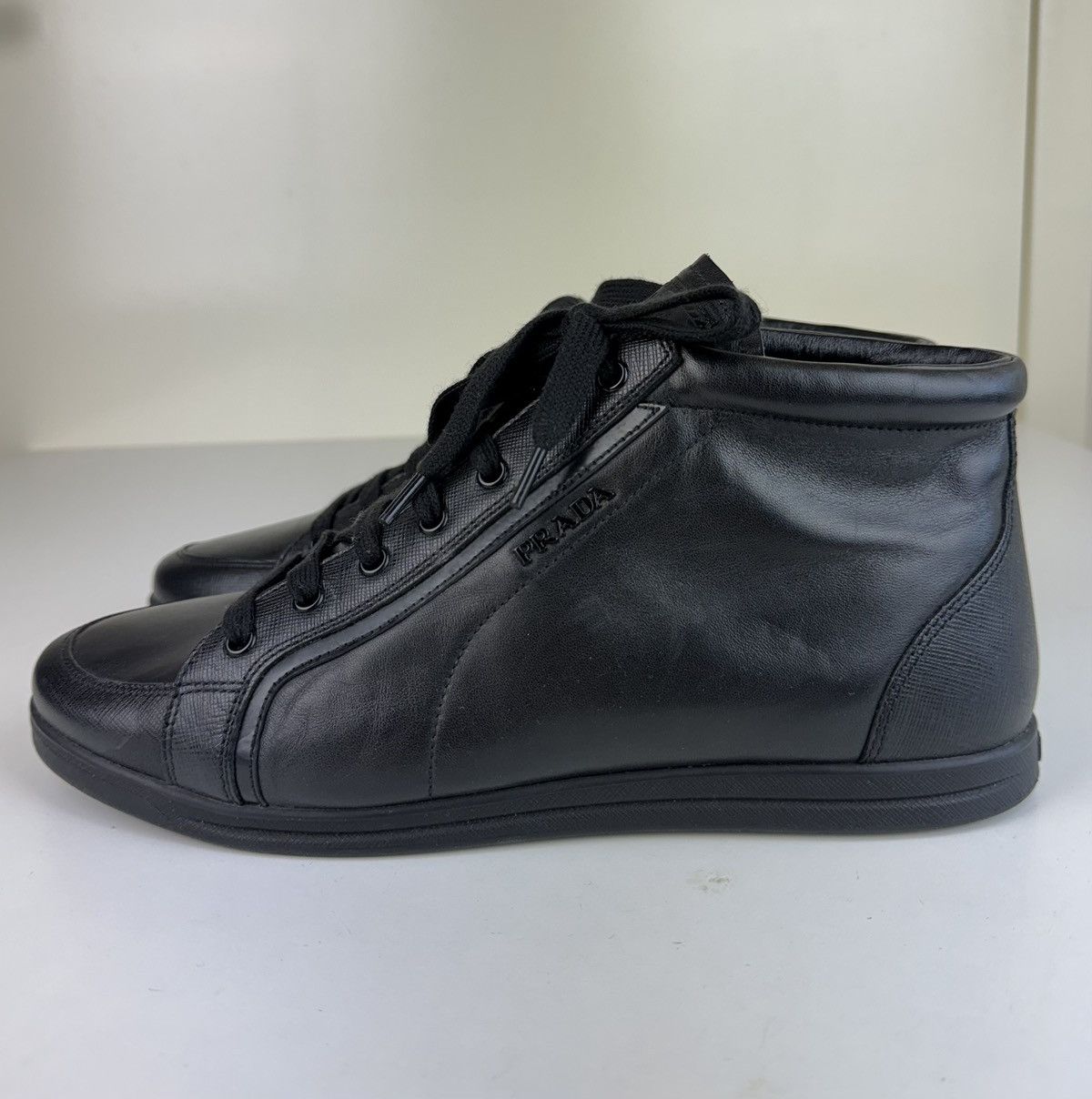Prada Prada High Top Saffiano Leather Black Sneakers Trainers Boot Size US 10 / IT 40 - 6 Thumbnail