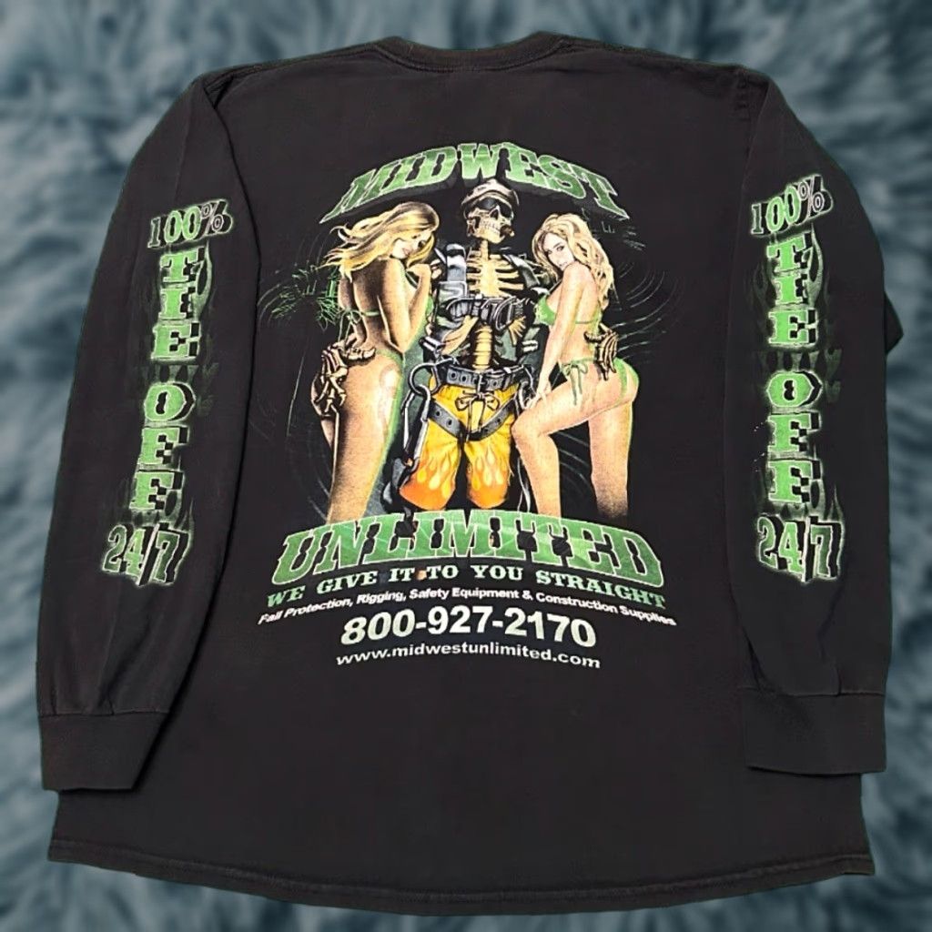 Vintage VINTAGE 90s Y2K Biker Mid West Skull Flames Sleeve Hit Long Sleeve Shirt L Black Men Mens Size US L / EU 52-54 / 3 - 1 Thumbnail