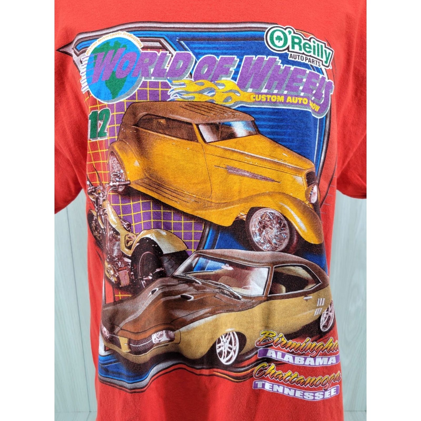 Gildan O'Reilly Shirt Mens XL 2012 World of Wheels Custom Car TN AL Auto Show Red Shirt Mens XL Red Cars Size US XL / EU 56 / 4 - 2 Thumbnail