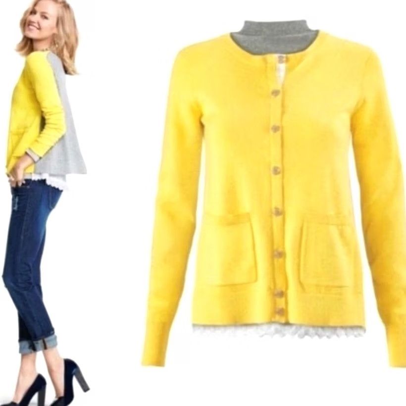 Vintage Cabi Love Carol Belle Cardigan Yellow Grey w/ Lace Trim Cotton Sz M Style 3010 Cardigan Women M Yellow Lace Trim Cotton Vintage? Size M / US 6-8 / IT 42-44 - 4 Thumbnail