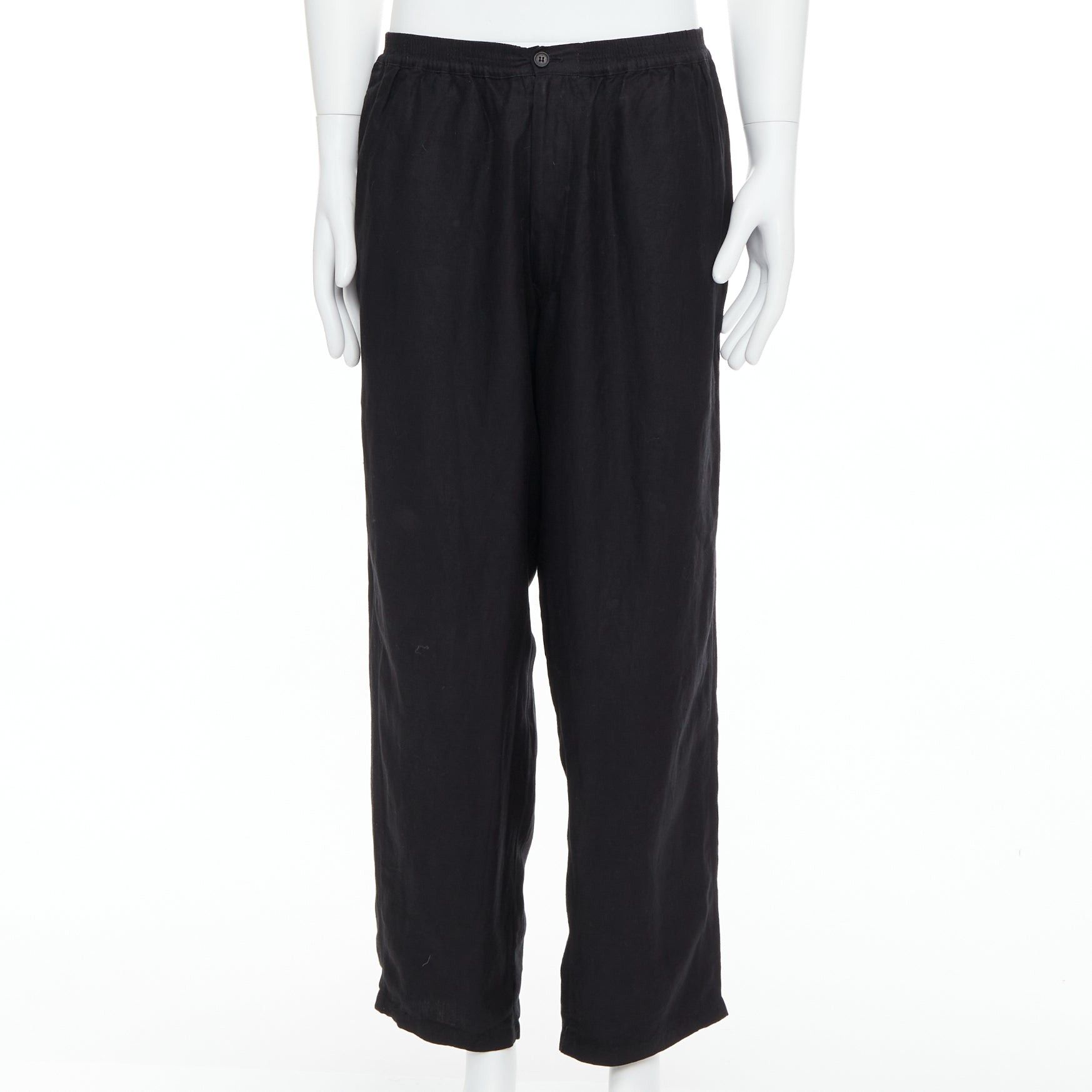 Yohji Yamamoto YOHJI YAMAMOTO black linen blend elasticated waistband wide pants M Size US 29 - 1 Thumbnail