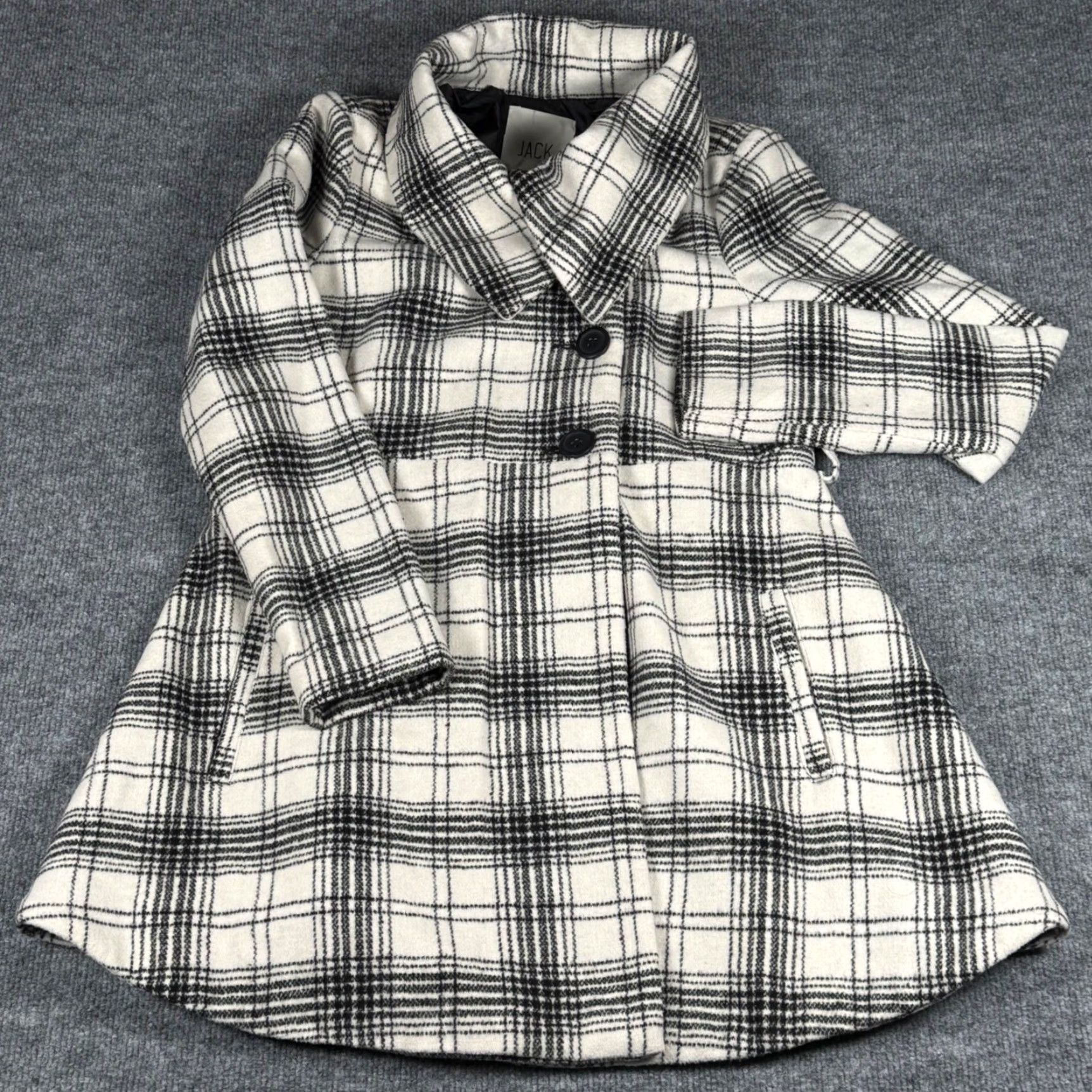 Vintage JACK Pea Coat Women Wool Blend Plaid Black White Button Lined Reversible Pocket Mid-Length Autumn Casual Mens Womens Girls Size S / US 4 / IT 40 - 2 Thumbnail