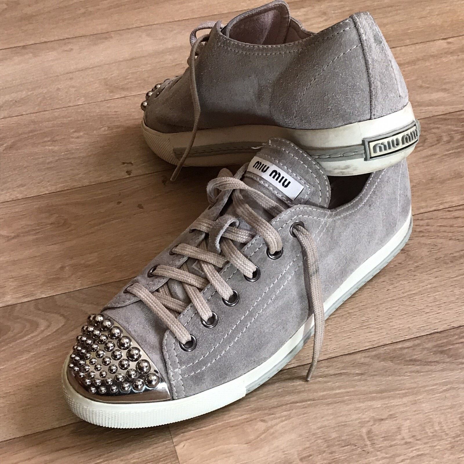 Miu Miu MIU MIU Womens Sneakers Suede Leather Shoes Studded Toe Size US 7 / IT 37 - 1 Thumbnail