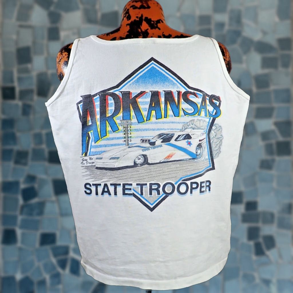 Anvil VINTAGE Arkansas State Police Womens Sleeveless T-Shirt Adult Large White Funny Car Drag Racing 80s 90s USA Size L / US 10 / IT 46 - 1 Thumbnail