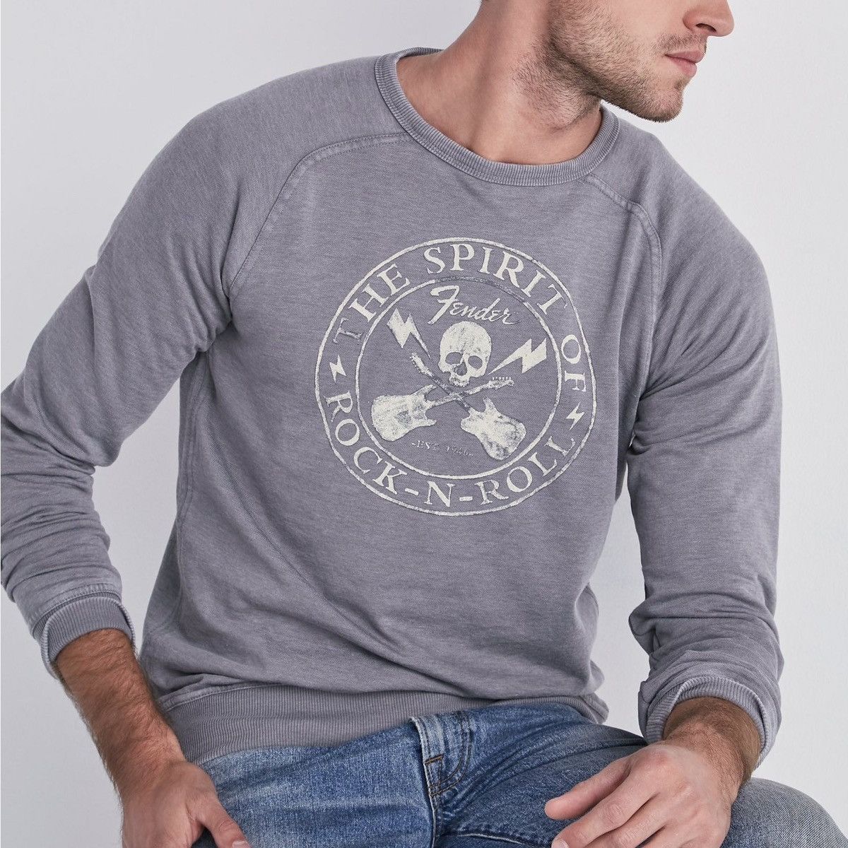 Lucky Brand LUCKY BRAND Grey Fender Skull Rock N Roll Burnout Sweatshirt Size US M / EU 48-50 / 2 - 1 Thumbnail