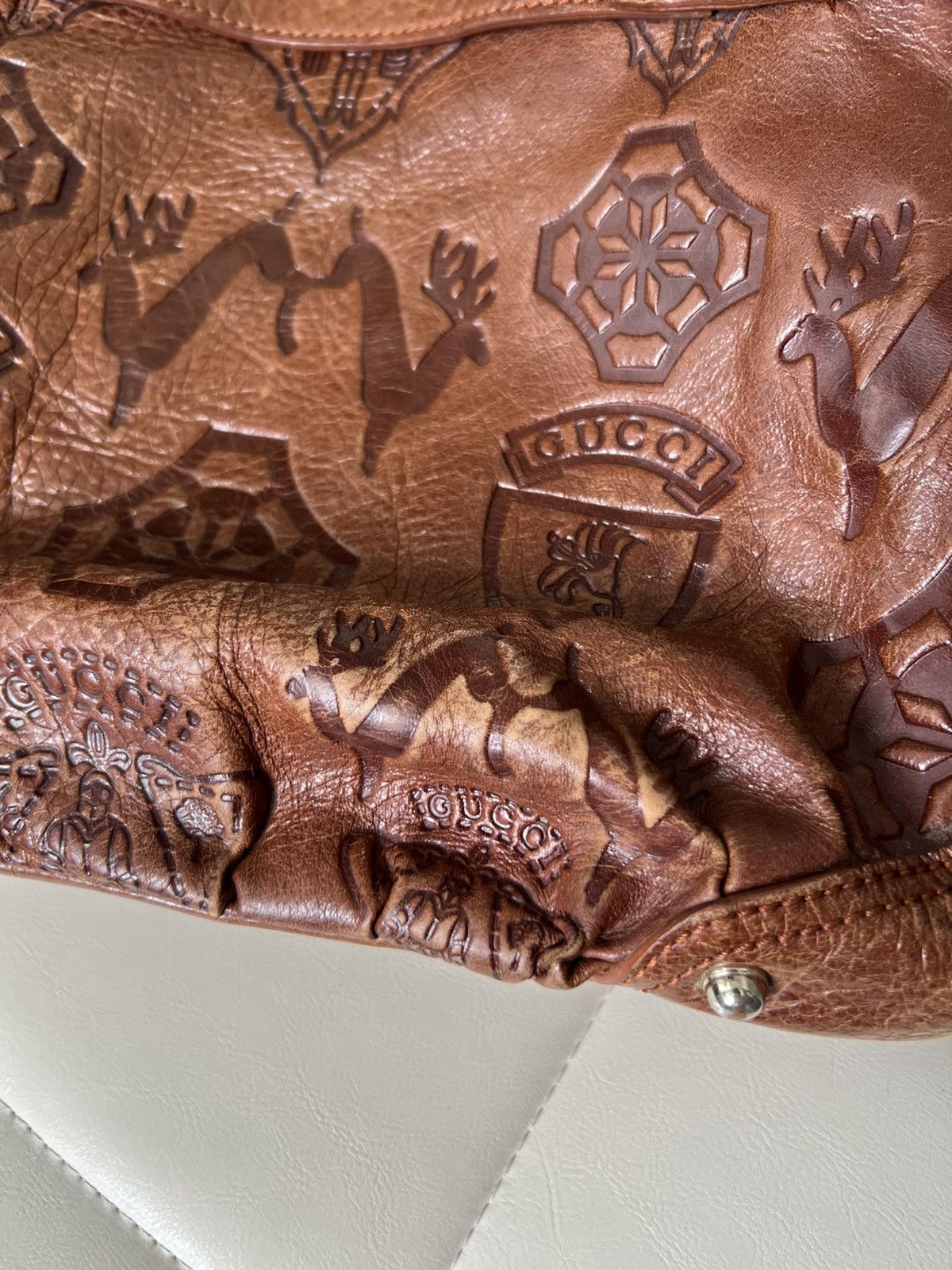 Gucci × Vintage Vintage Gucci Jockey Brown Embossed Leather Horsebit Bag Size ONE SIZE - 9 Thumbnail
