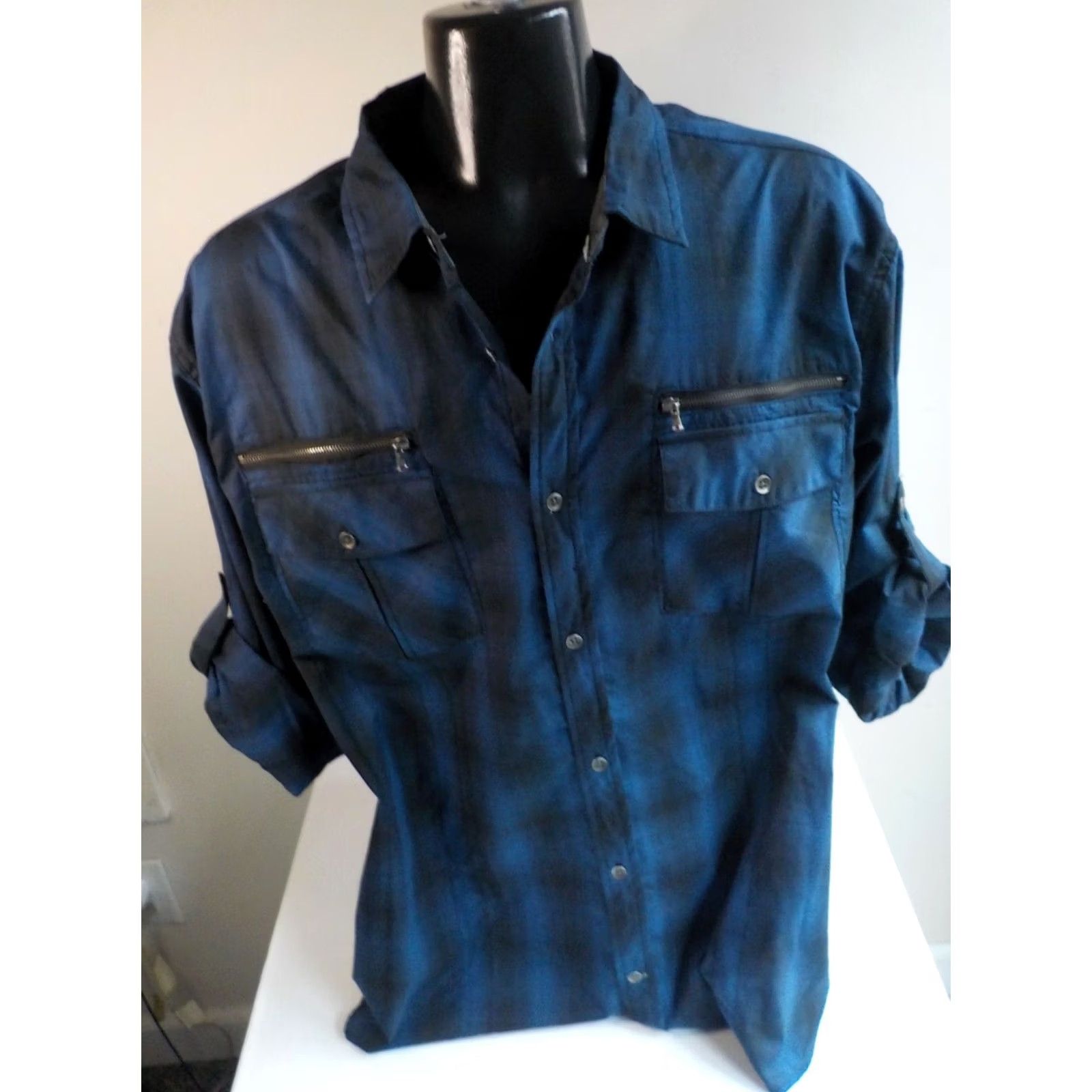 Vintage ROCK & REPUBLIC Plaid Button Front Shirt Mens XXL Adjustable Tabbed Sleeves Blue Black Zippers Size US XXL / EU 58 / 5 - 2 Thumbnail