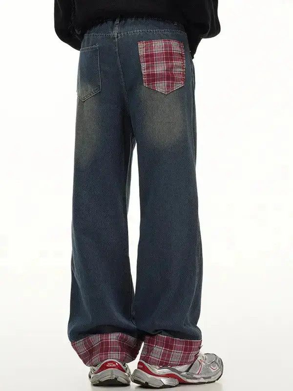 Japanese Brand Retro loose straight tube plaid jeans Size US 32 / EU 48 - 2 Thumbnail