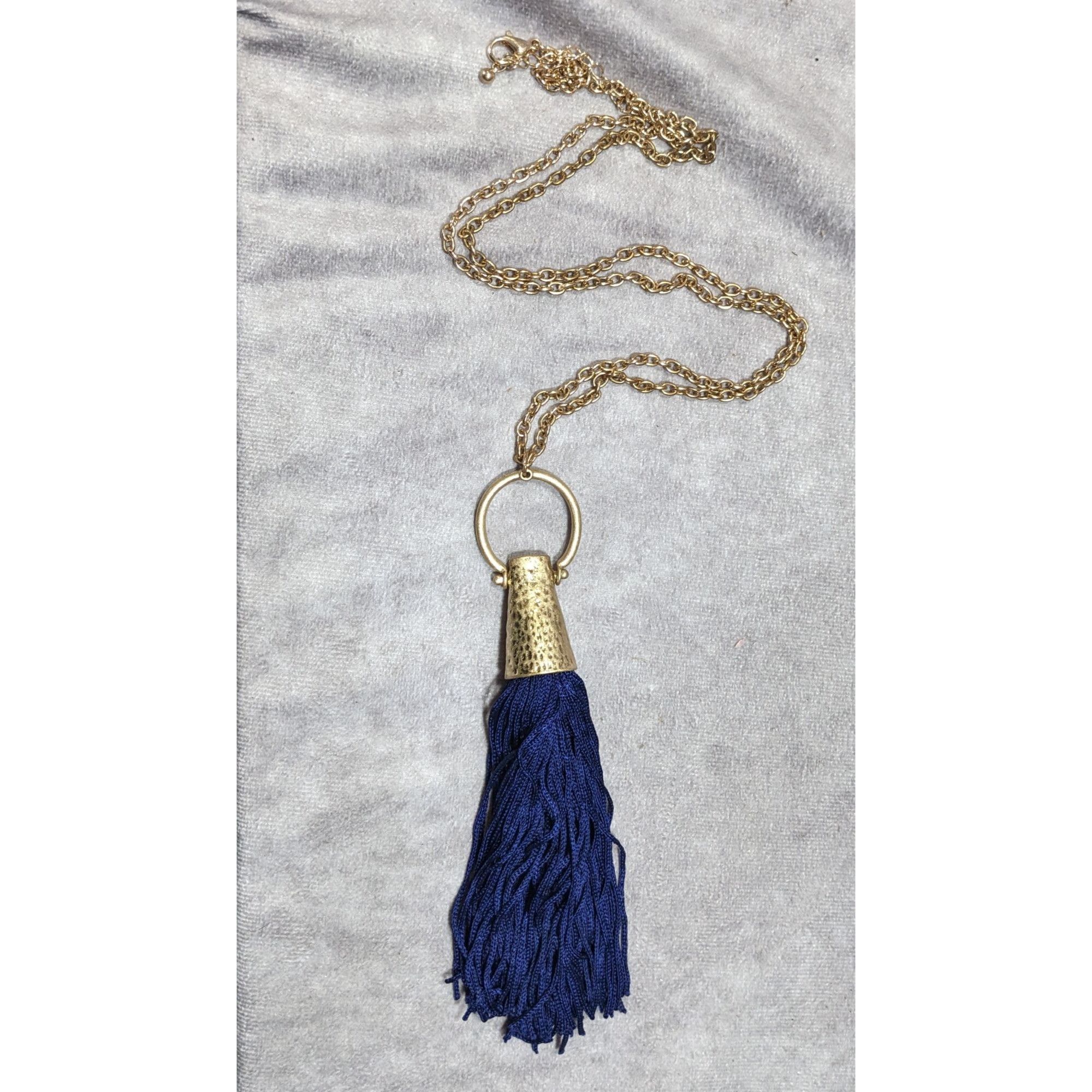 Other Hammered Gold Tone Tassel Pendant Necklace With Blue Tassel Size ONE SIZE - 5 Thumbnail