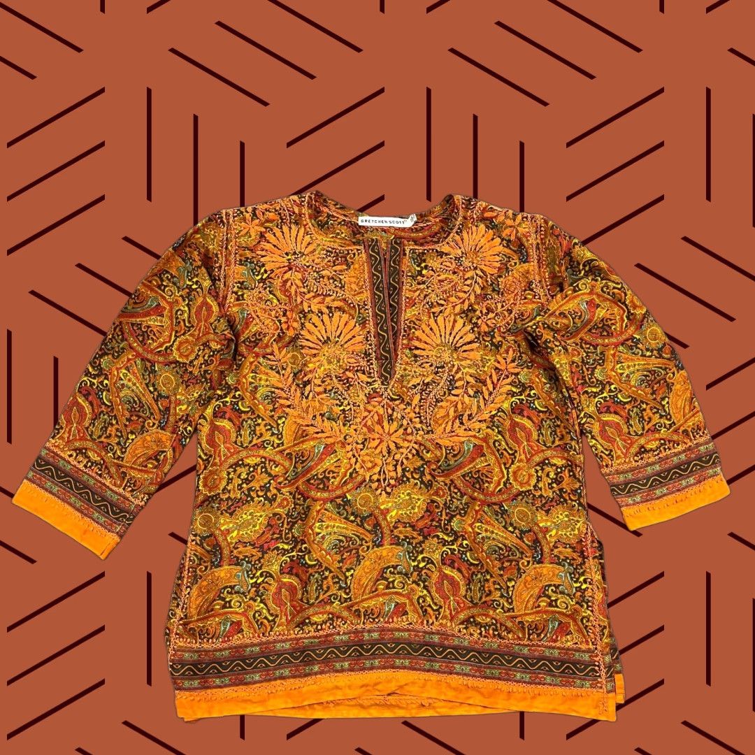 Vintage GRETCHEN SCOTT Shirt Women XS Orange Floral Embroidered Blouse Oversized Art Slit Casual Sleeve 3/4 Size XS / US 0-2 / IT 36-38 - 1 Thumbnail