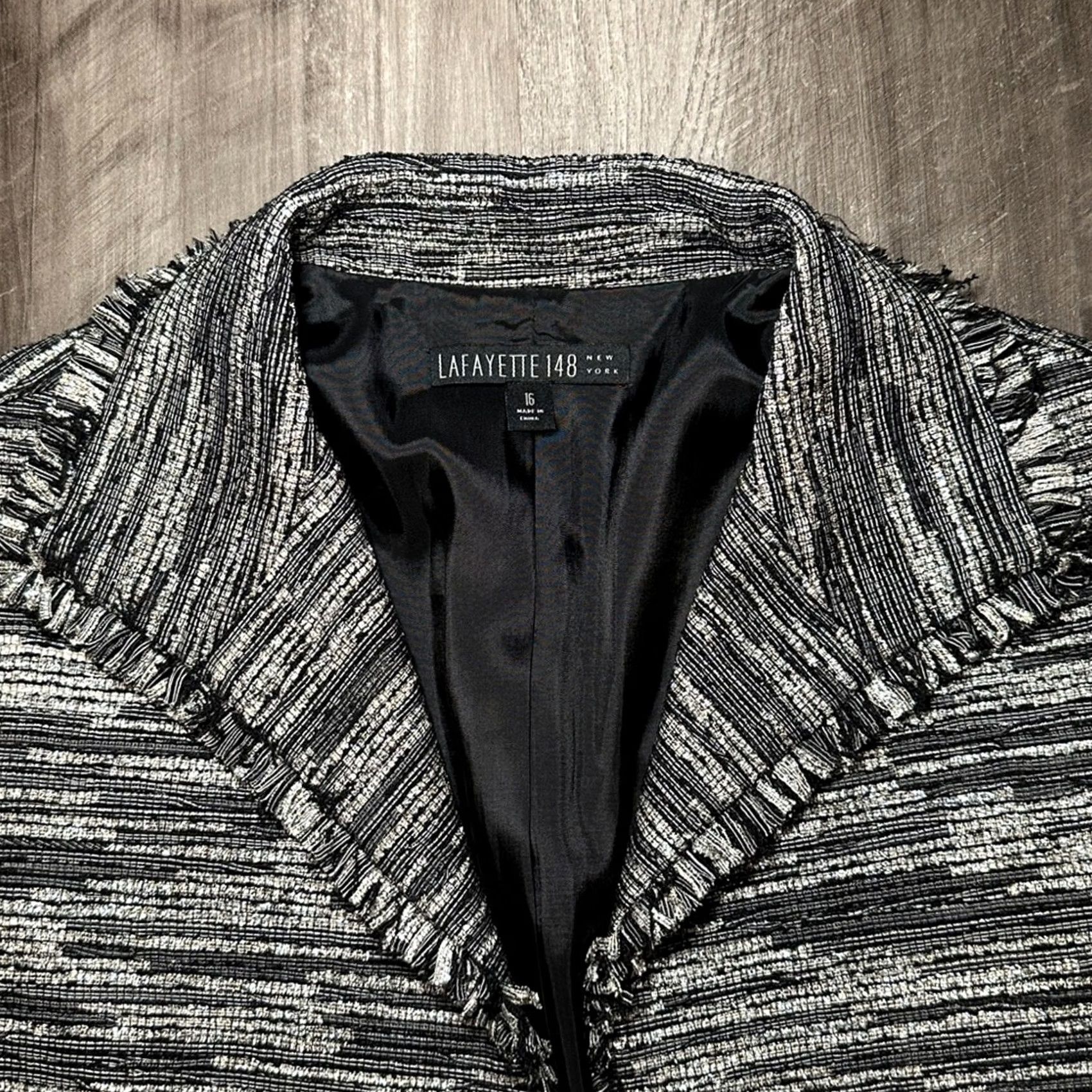 Vintage Lafayette 148 New York Blazer Jacket - Metallic Tread Fringe Hem, Black/Silver, Women, 16, Regular, Blazer, Pant Suit, NWT, 90s? Size XXL / US 16-18 / IT 52-54 - 4 Thumbnail