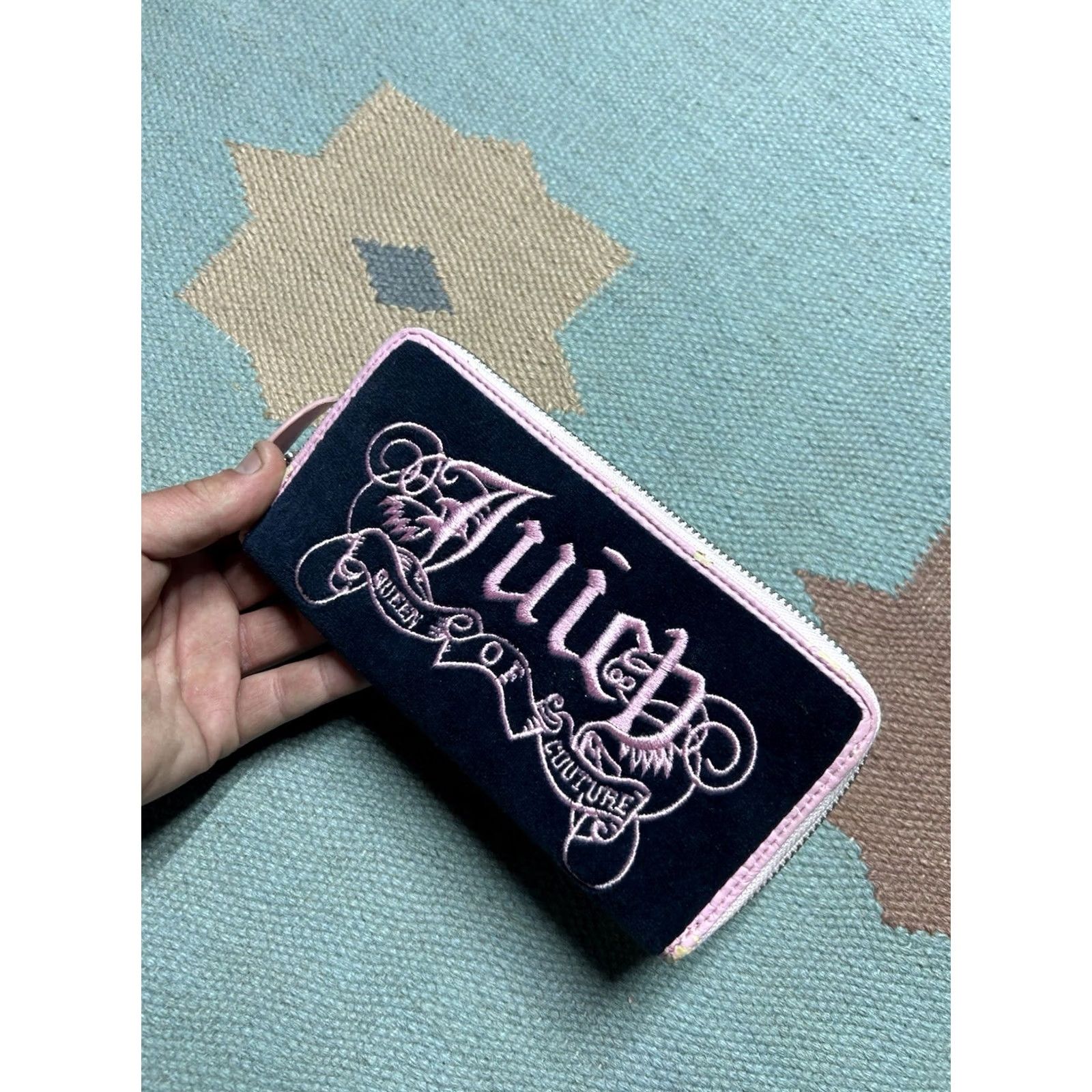 Juicy Couture Juicy Couture Wallet Zip Clutch Wristlet Black Velvet Embroidered Pink Womens Size ONE SIZE - 2 Thumbnail