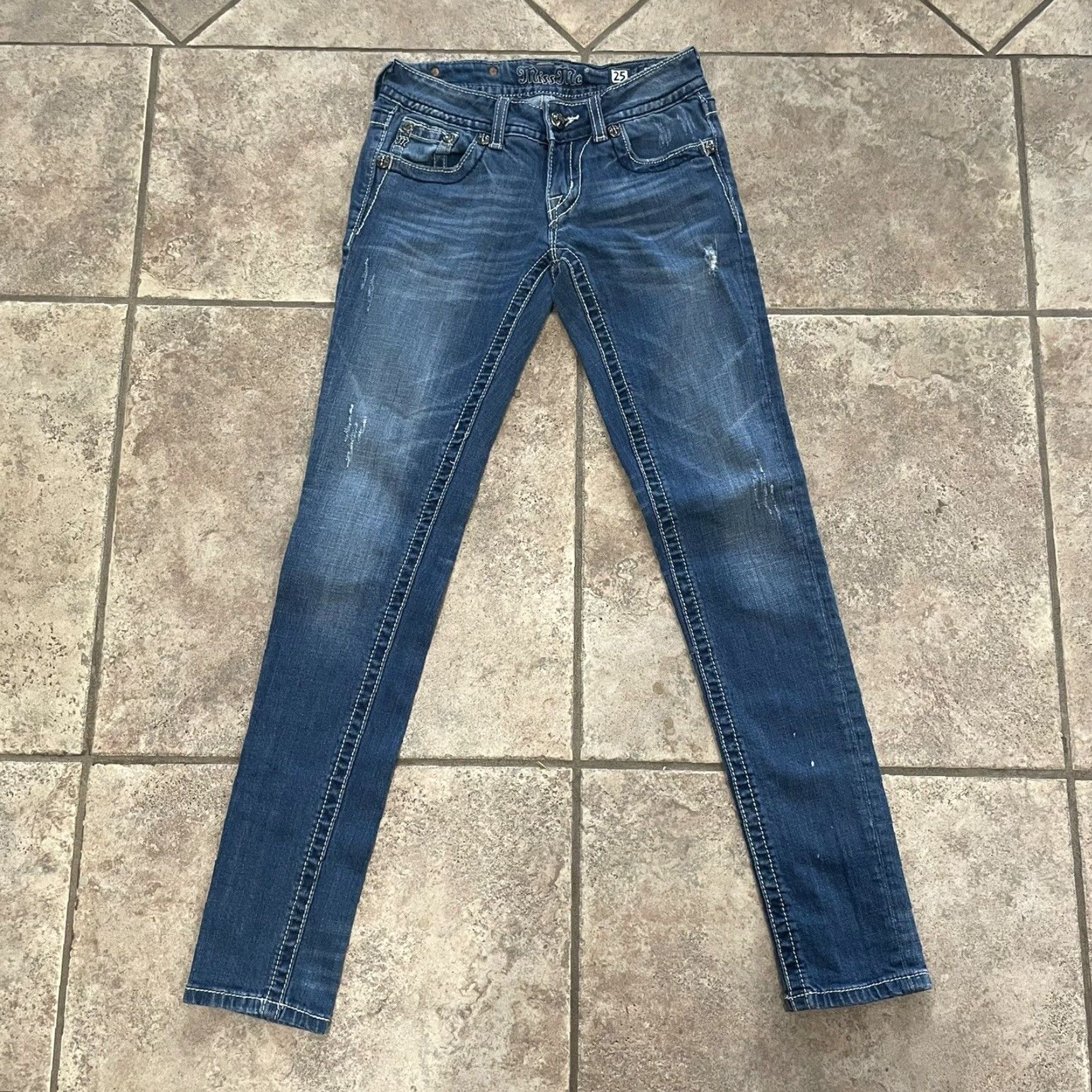 Miss Me VINTAGE Miss Me Skinny Jeans Women Size 25 Blue Distressed Embellished Pockets 2000s Size 42" / US 20 - 2 Thumbnail