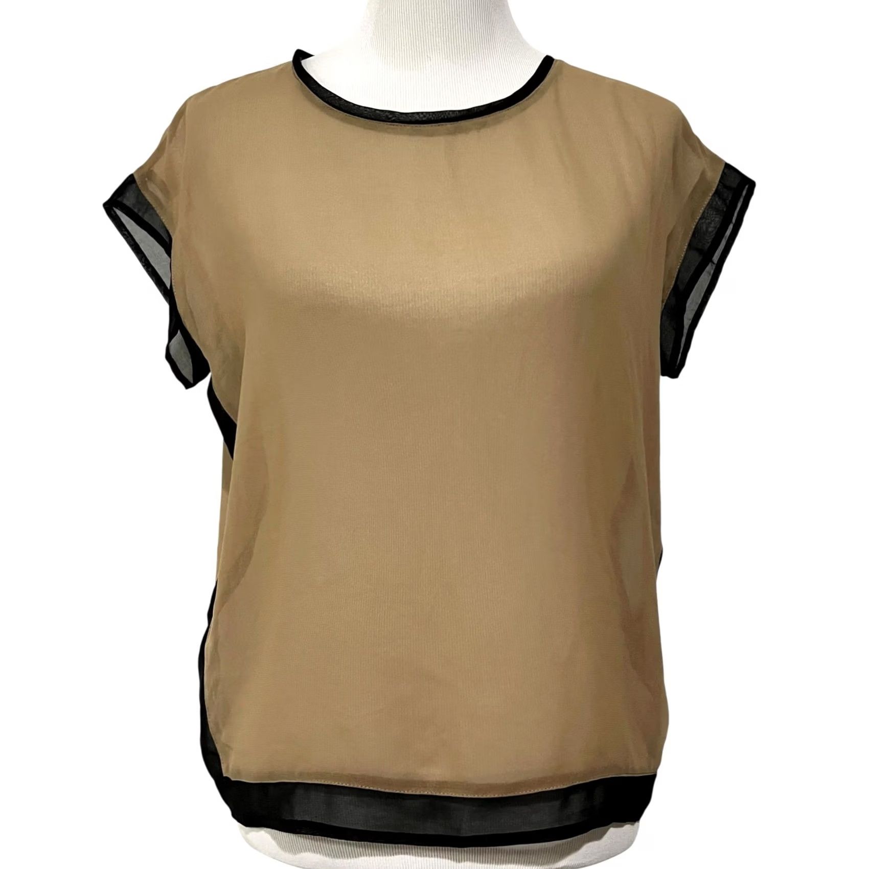Vintage Fab’rik Women's Top Silk Blend Sheer Blouse Tan Black Boxy Small Slim Fit Shirt Womens Size S / US 4 / IT 40 - 2 Thumbnail