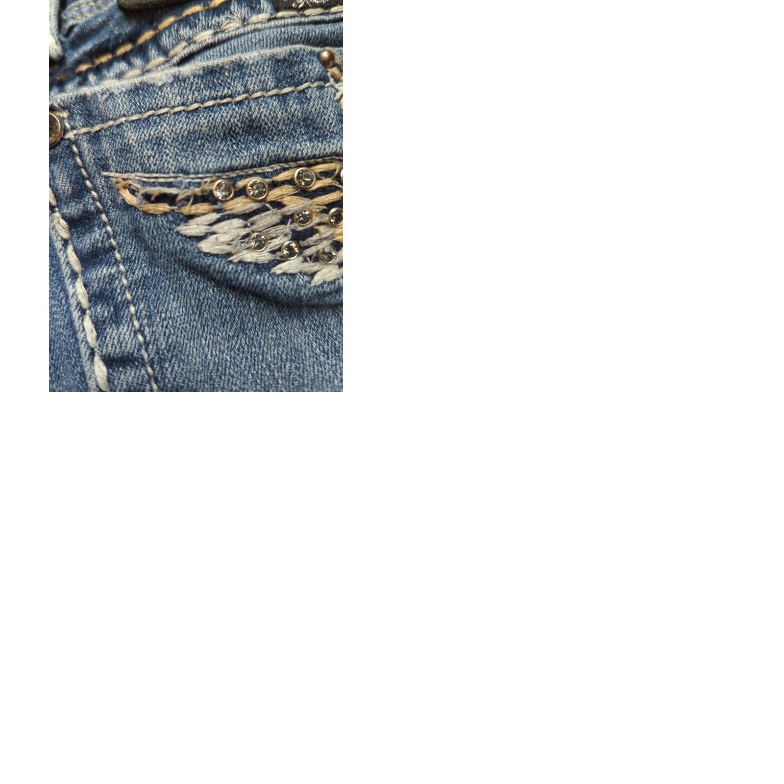 Miss Me Miss Me Jeans Womens 26 Blue Bootcut Denim Low Rise Medium Wash Rhinestone Studded Distressed Flawed Size 26" / US 2 / IT 38 - 10 Thumbnail