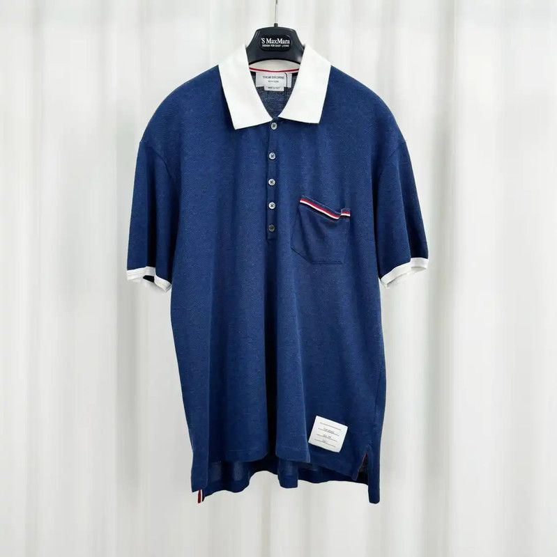 Thom Browne Summer Blue Striped Logo Polo 0089