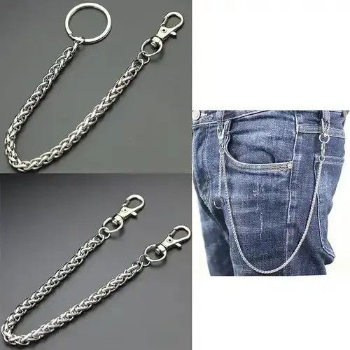 Jewelry Stainless Steel Long Metal Wallet Chain Pants in Silver, Men's