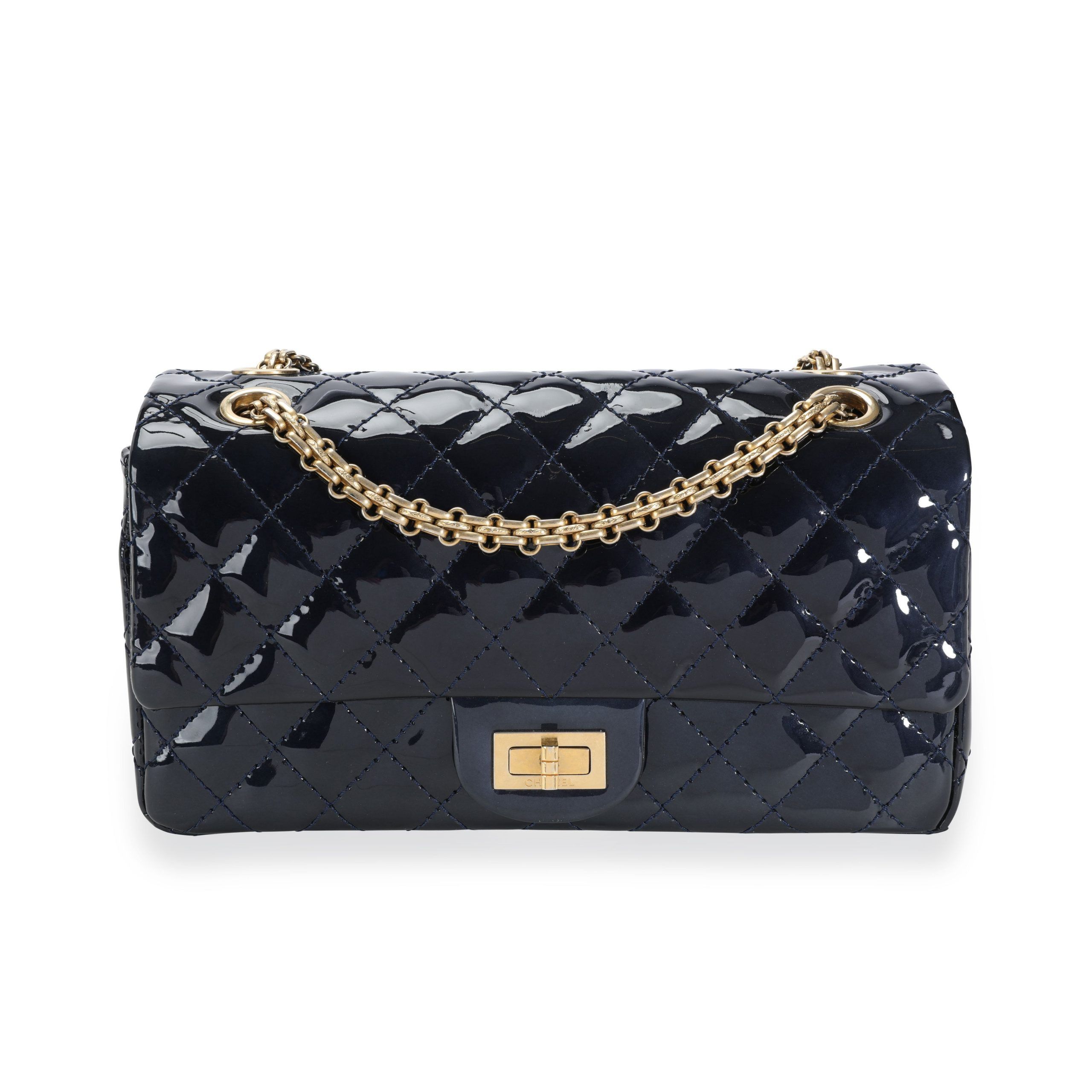 image of Chanel Marine Foncé Quilted Patent Leather Reissue Double Compartment Flap Bag in Black, Women's
