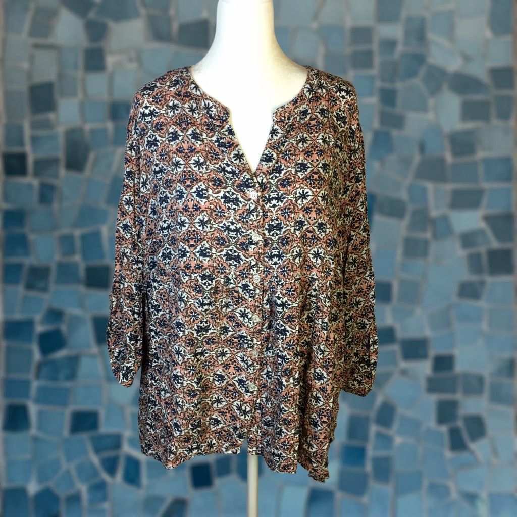 Cynthia Rowley Blouse 2x Plus Orange Blue Rayon 3/4 Sleeve Shirt Top Womans, Women's (Size Xxl)