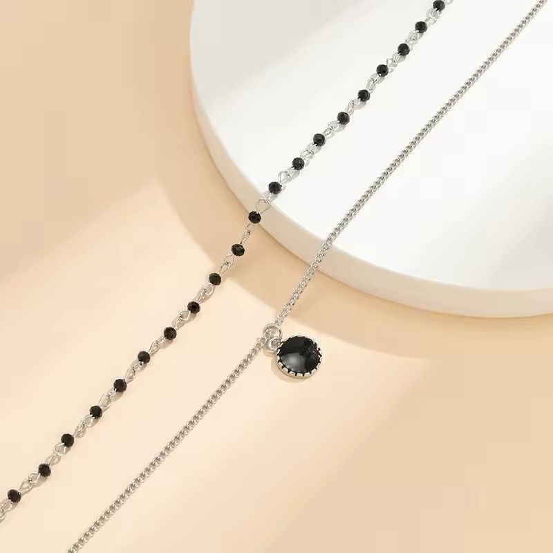 Jewelry Double Layer Black Rhinestone Pendant Silver Necklace Size ONE SIZE - 4 Thumbnail