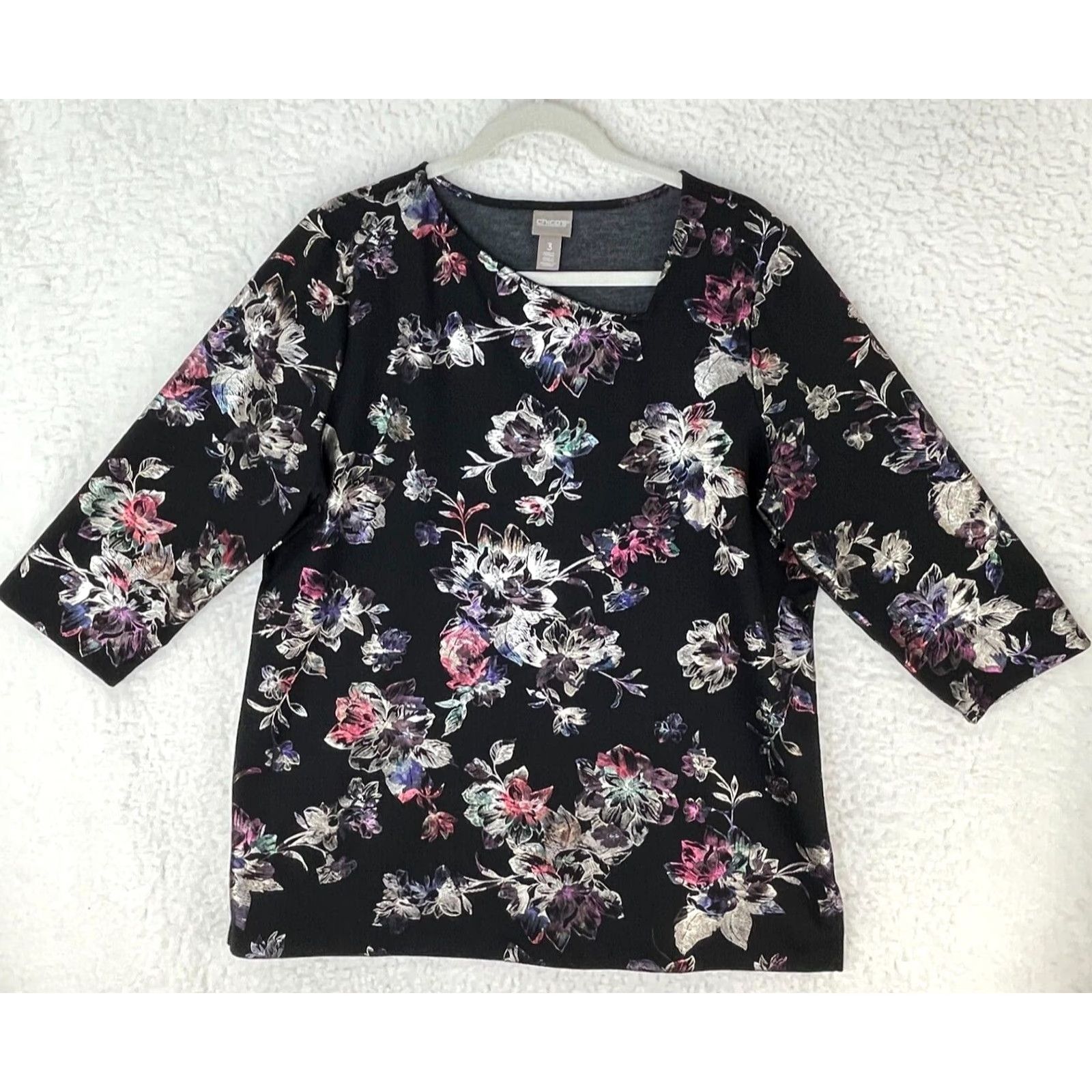 Vintage Chico's Romance Shine Floral Asymmetrical-Neck Ponte Top Womens XL Black Shirt Size XL / US 12-14 / IT 48-50 - 2 Thumbnail