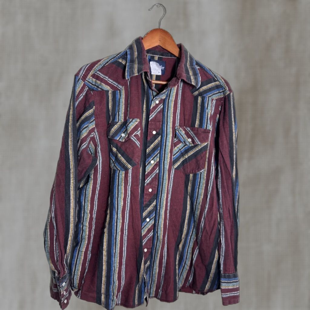 VINTAGE Wrangler Shirt Mens L Multicolor Flannel Pearl Snap Cotton Long Sleeve Button-Up