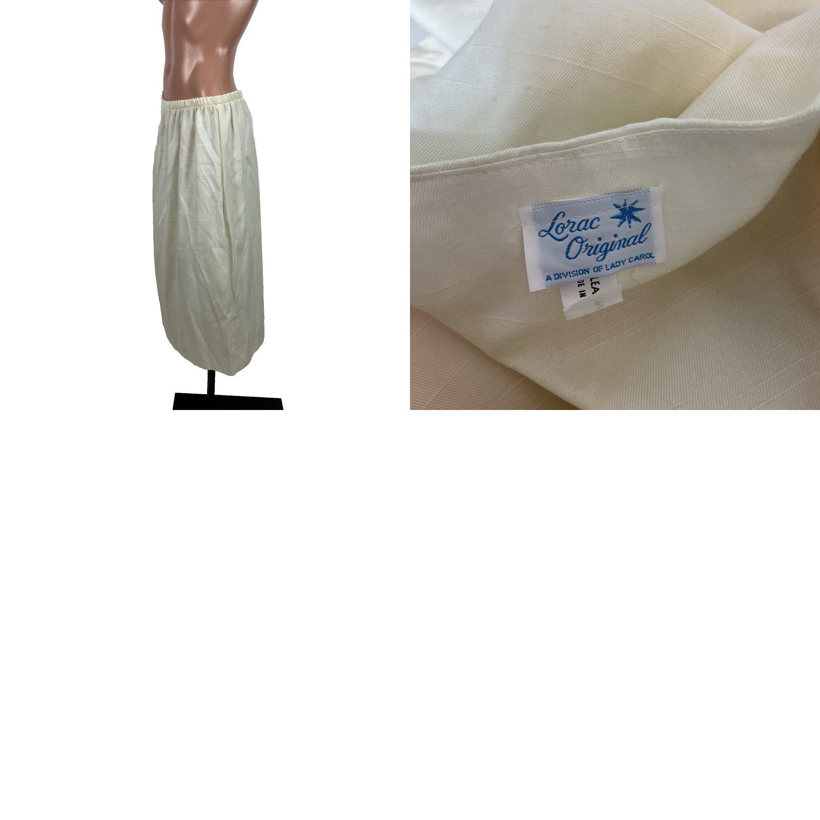 VINTAGE LORAC ORIGINAL Skirt Suit Womens 14 Ivory Linen Like Puffy Shoulder UNIONMADE Secretary/Geek 1980s