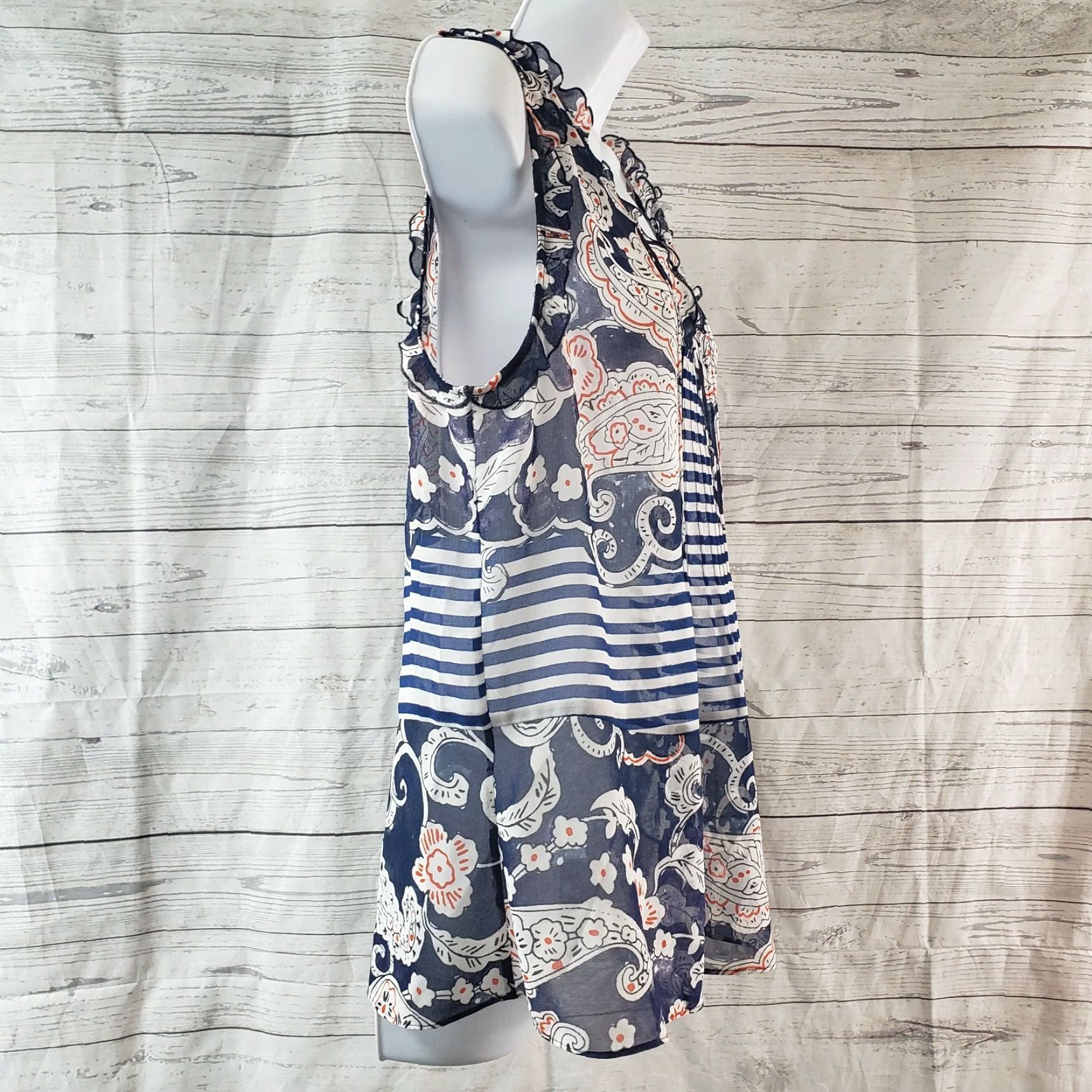 Vintage CAbi Blouse Shirt Womens Peplum Sz Small Blue White Floral Stripes Sheer V-Neck Sleeveless Size S / US 4 / IT 40 - 3 Thumbnail