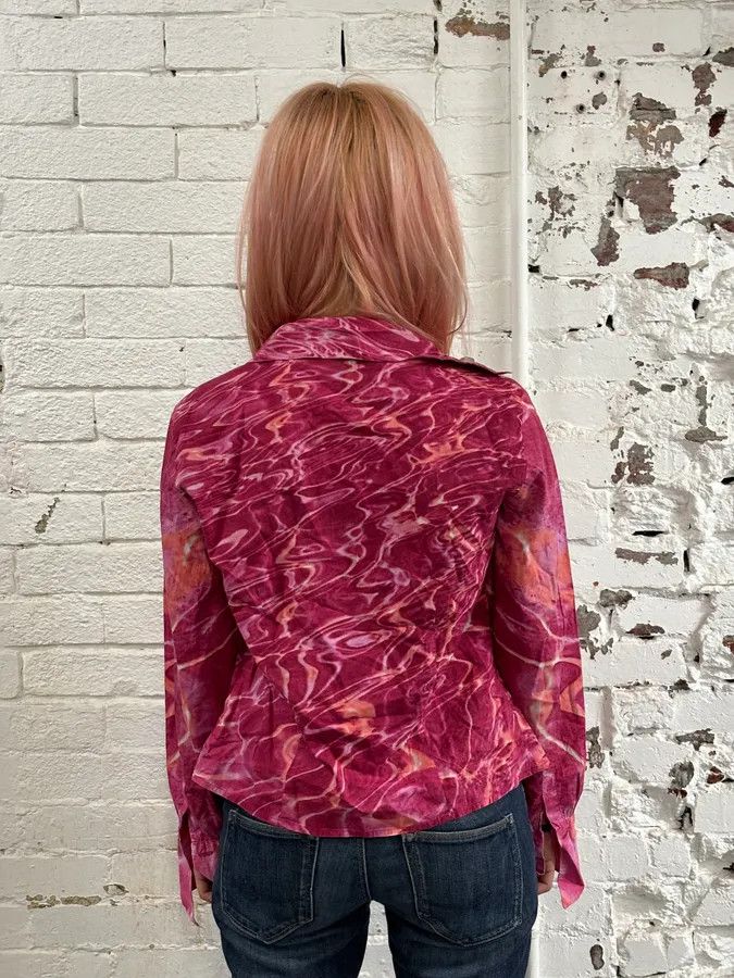 Just Cavalli 2000s Cavalli Fuchsia Pink Wave Abstract Tie-Dye Shirt Size S / US 4 / IT 40 - 3 Thumbnail