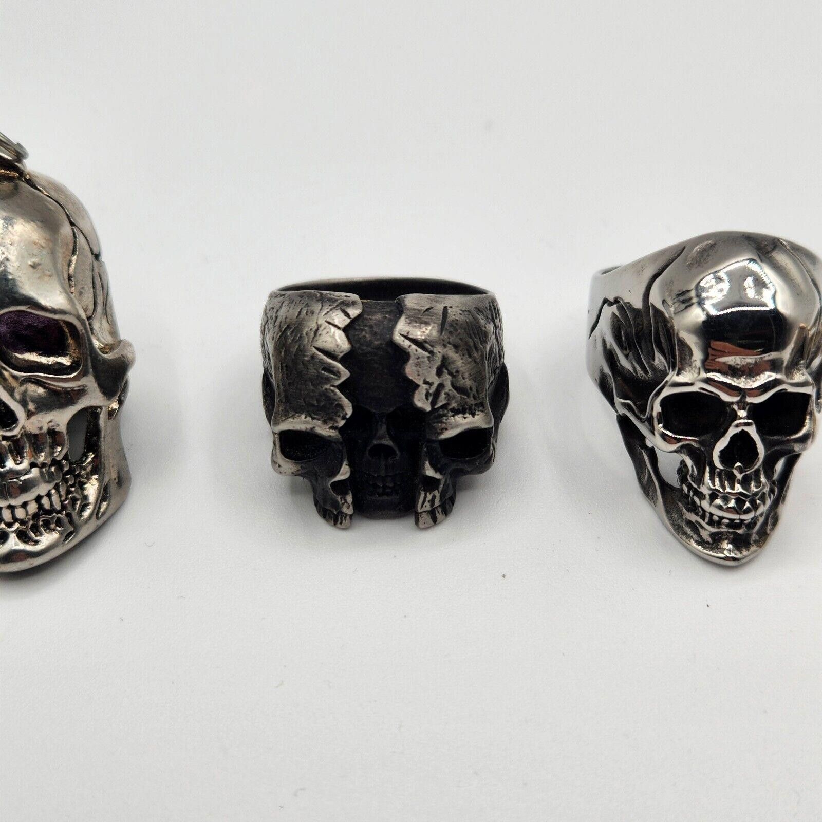 Designer Stainless Skull Rings Lot Of 5 And 1 Pendant Size ONE SIZE - 5 Thumbnail