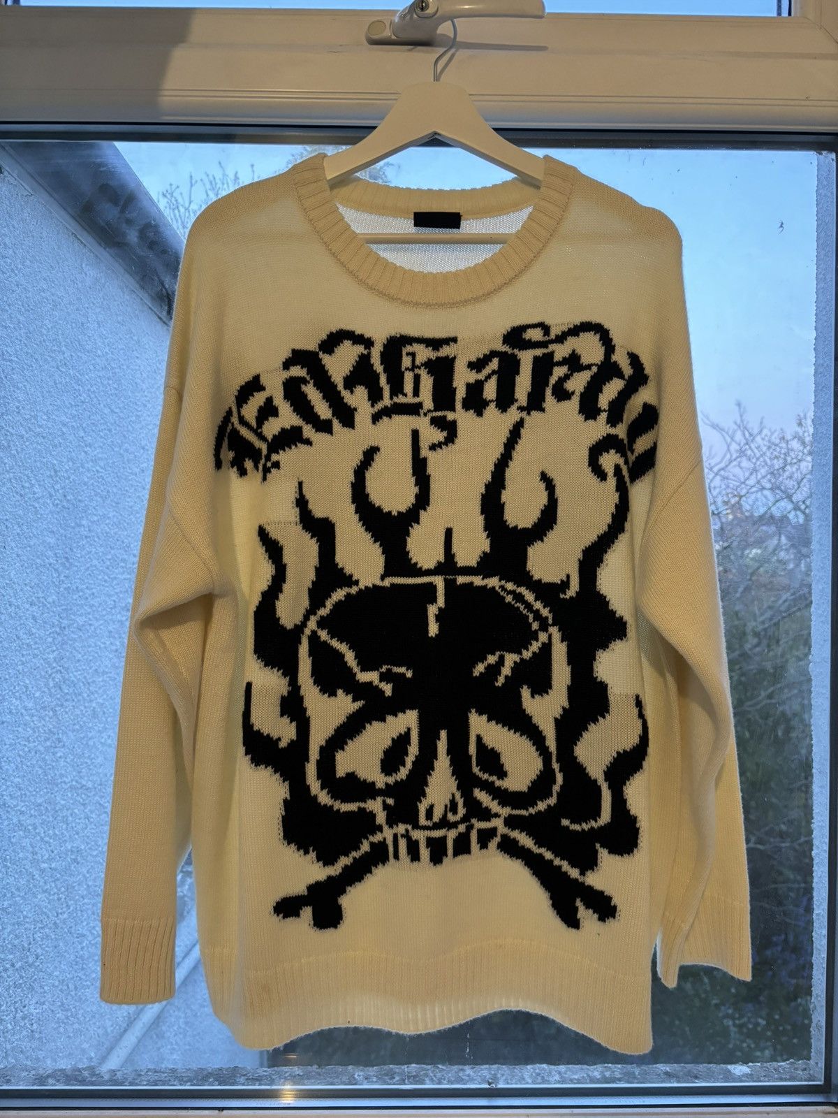 image of Ed Hardy Skull In Flames Knitted Jumper in Cream, Men's (Size Small)