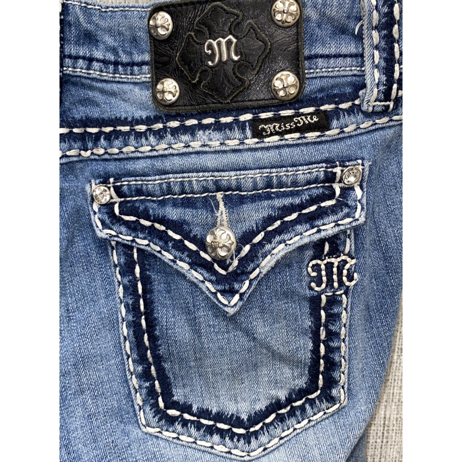 Miss Me Miss Me Jeans Easy Boot Womens 29 JE5014E2R Low Rise Distressed Bling Embellish Bootcut Denim Blue Jeans Womens 29 Size 29" - 5 Thumbnail