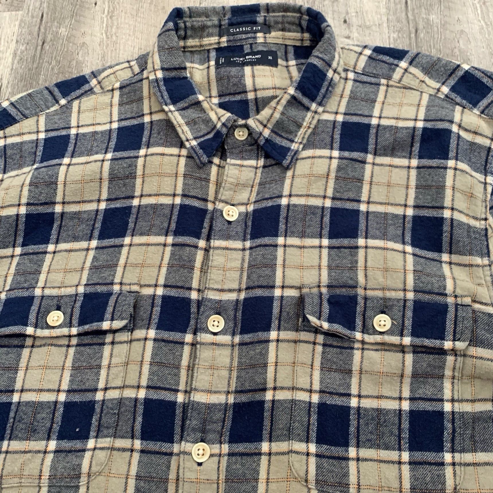 Lucky Brand LUCKY Brand Flannel Shirt Mens XL Classic Fit Blue Tan Check Pockets Button-Up Size US XL / EU 56 / 4 - 6 Thumbnail