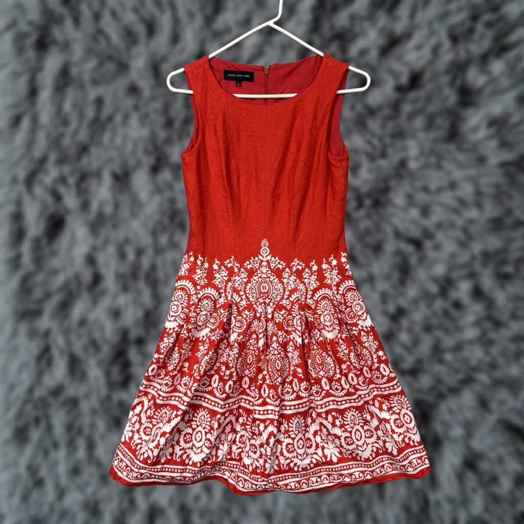 Jones New York Jones New York Dress Sleeveless Fit & Flare Jacquard Red Floral Knee Length Women 4 Garden Boho Party/Cocktail Summer Size S / US 4 / IT 40 - 1 Thumbnail