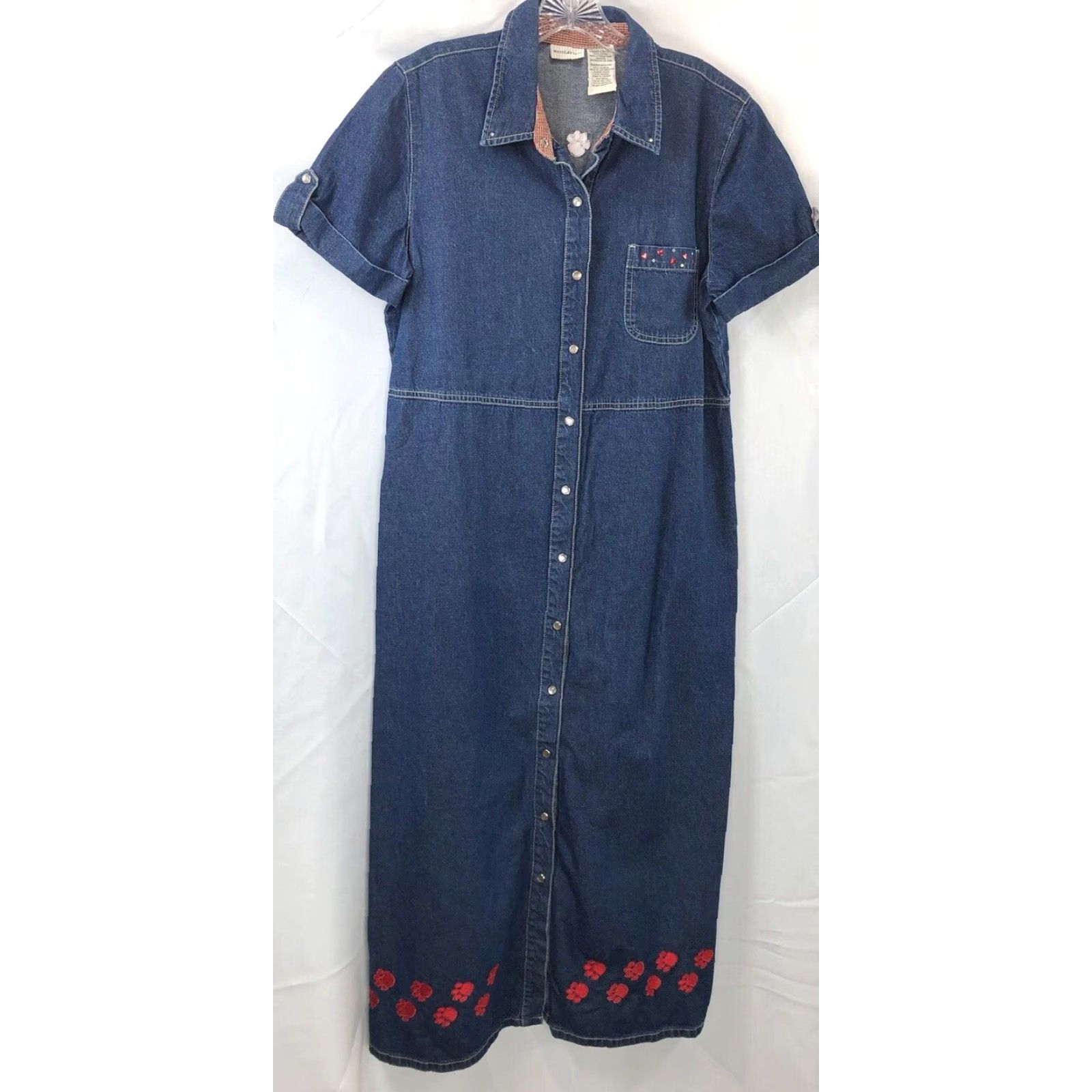 Vintage VINTAGE White Stag Maxi Denim Dress L Blue Jean Beads Dog Mom Puppy Paws Embroidered SnapUp Size 36" / US 14 / IT 50 - 4 Thumbnail