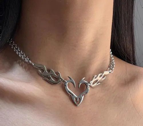 Jewelry Silver Flame Heart Choker Necklace, Edgy Chain Jewelry Size ONE SIZE - 3 Thumbnail