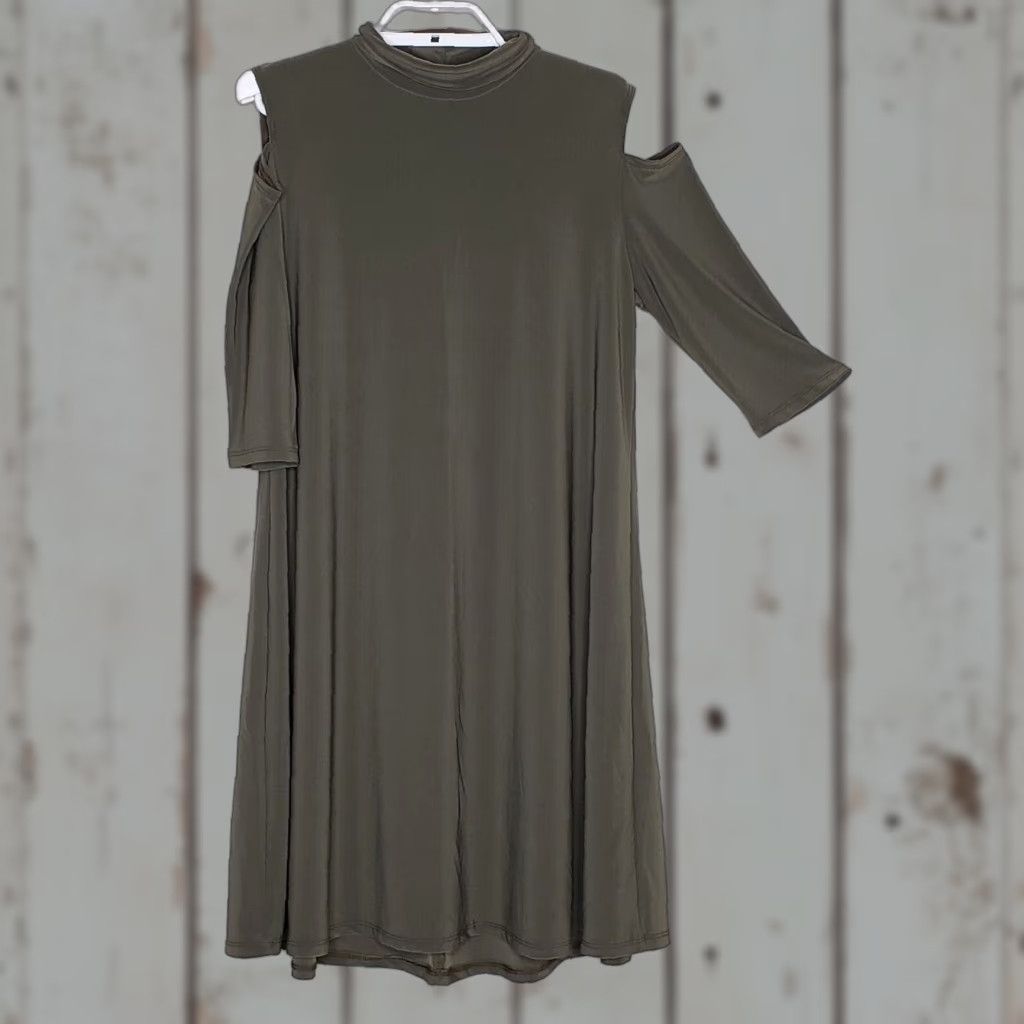 Vintage Clara Sun Woo Swing Dress XS Green 3/4 Cold Shoulder Mock Neck Knee Length Womens Size XS / US 0-2 / IT 36-38 - 1 Thumbnail