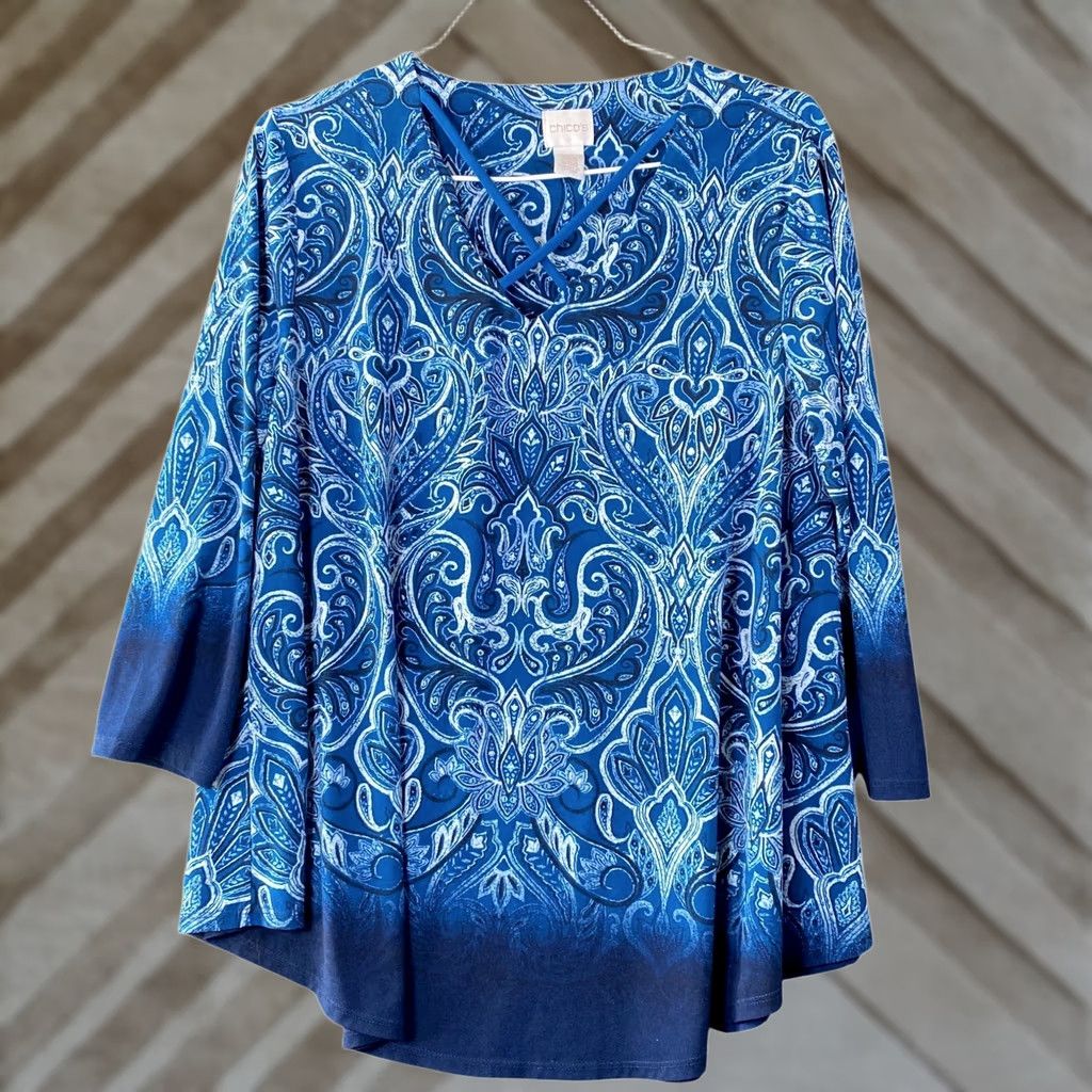 Vintage Chicos Womens Blouse Blue Geometric Paisley V Neck Tunic Stretch S Regular Retailed Size S / US 4 / IT 40 - 1 Thumbnail