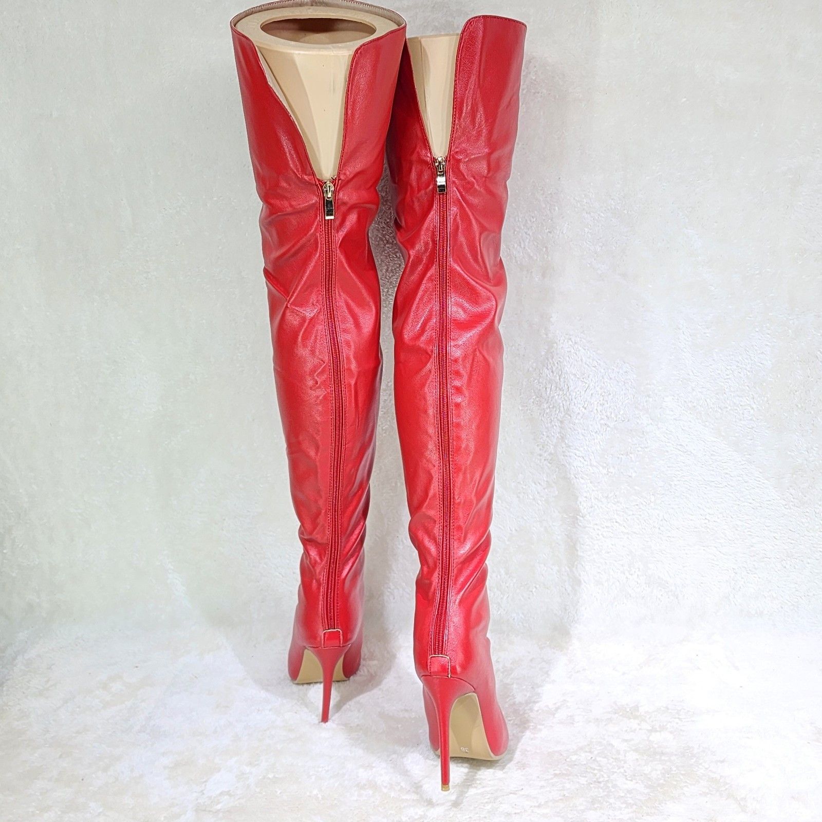 Other Red Faux Leather Thigh High Boot Stiletto Heels Back Zipper Size US 9 / IT 39 - 5 Thumbnail