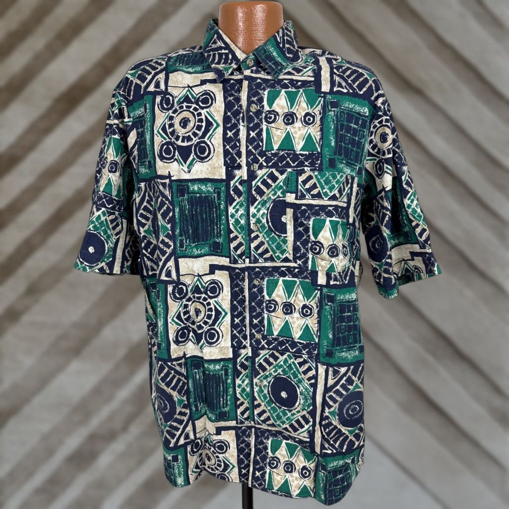 Vintage VINTAGE Impact Geometric Shirt Men XL Slim Green Cotton Button-Up 80s 90s Tribal Short Sleeve Size US XL / EU 56 / 4 - 1 Thumbnail